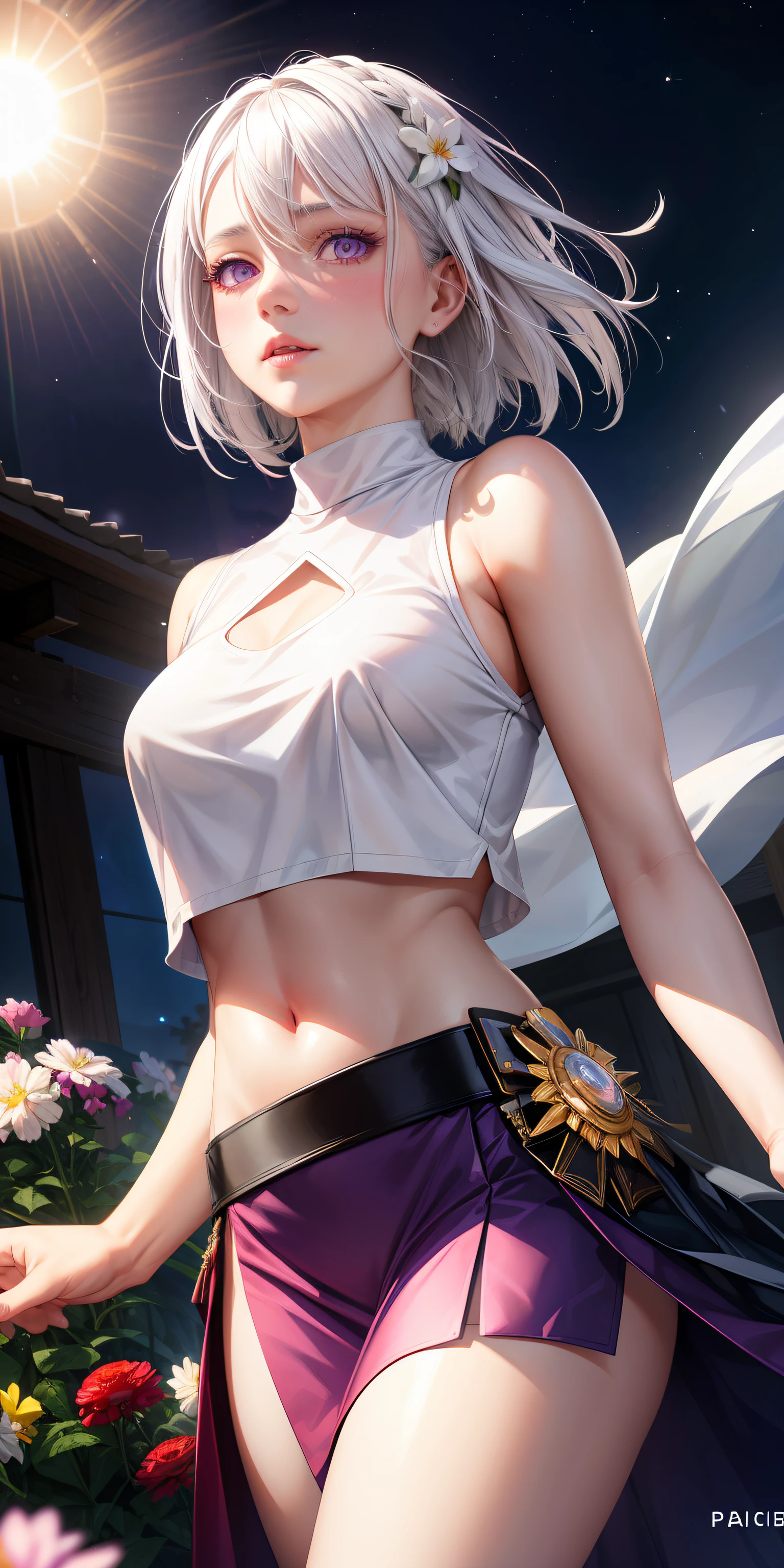 realistic, 1girl, white hair, purple eyes, glowing eyes, crop top, skirt, parted lips, blush, night, flowers, sun, sunlight,