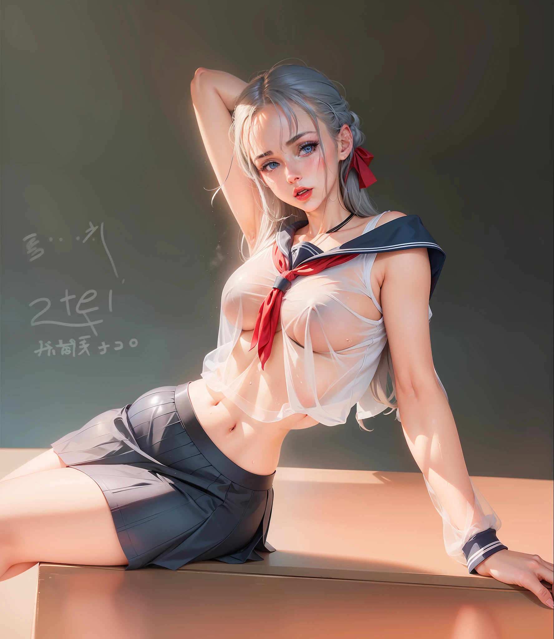 Beautiful girl in Wet uniform, Gray hair, blue eyes, red lips, sensuality face, Sexy uniform, Mini skirt, Transparent uniform, Big breast((nipple)), classroom, Sweat, Hot weather, cinematic light, School girl, RAW photograph, Best quality, masterpiece, An extremely detailed, Ultra realistic, 8k, UHD, Amazing, Sensuality pose