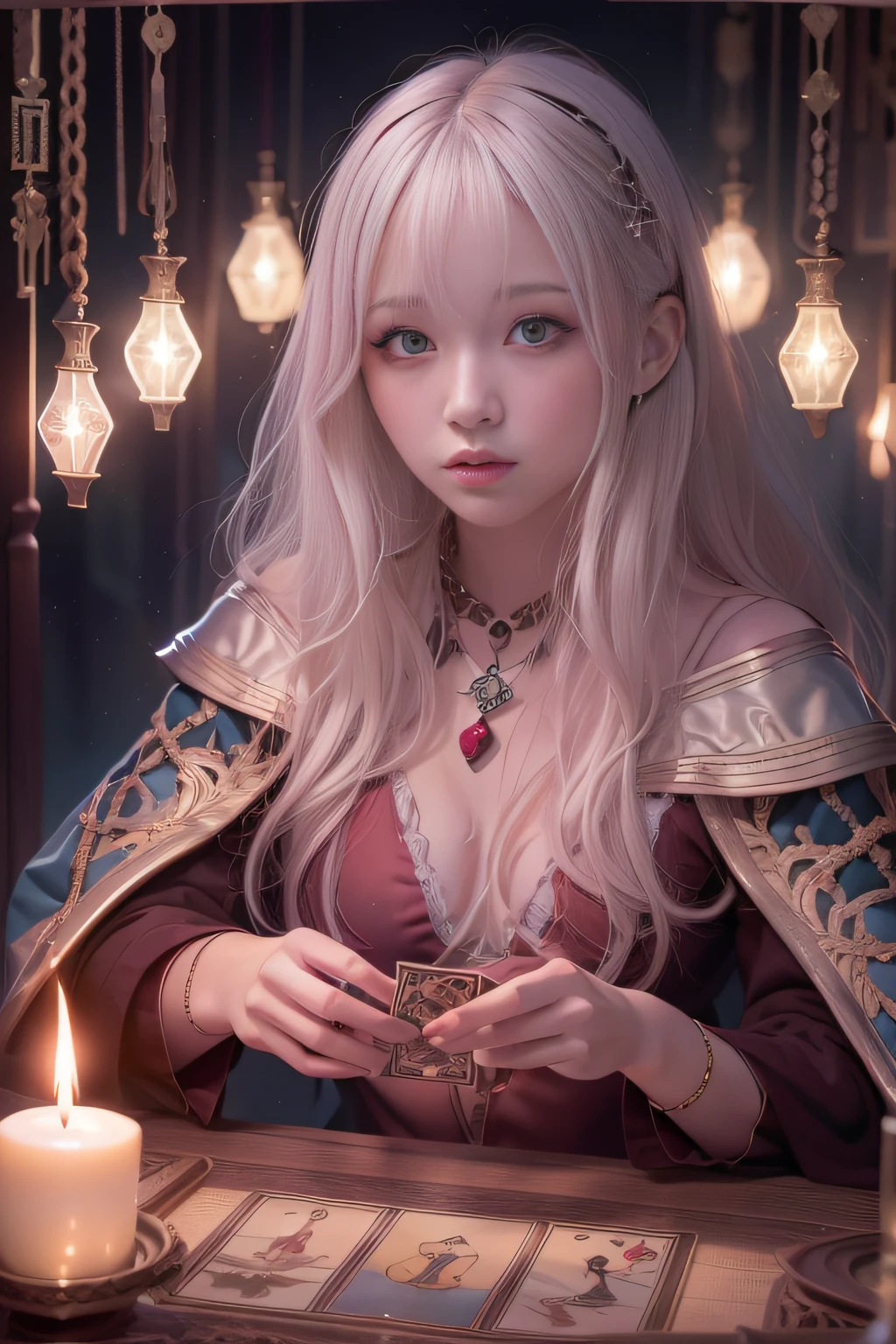 Mysterious woman doing tarot reading,Tarot Reading,Tarot Cards,cute  face,Blunt bangs, Straight hair, Shiny hair,Medieval mystery clothes,Mysterious fortune teller,hermit,magical lights,albino,Red Eyes,Pale red glowing eyes