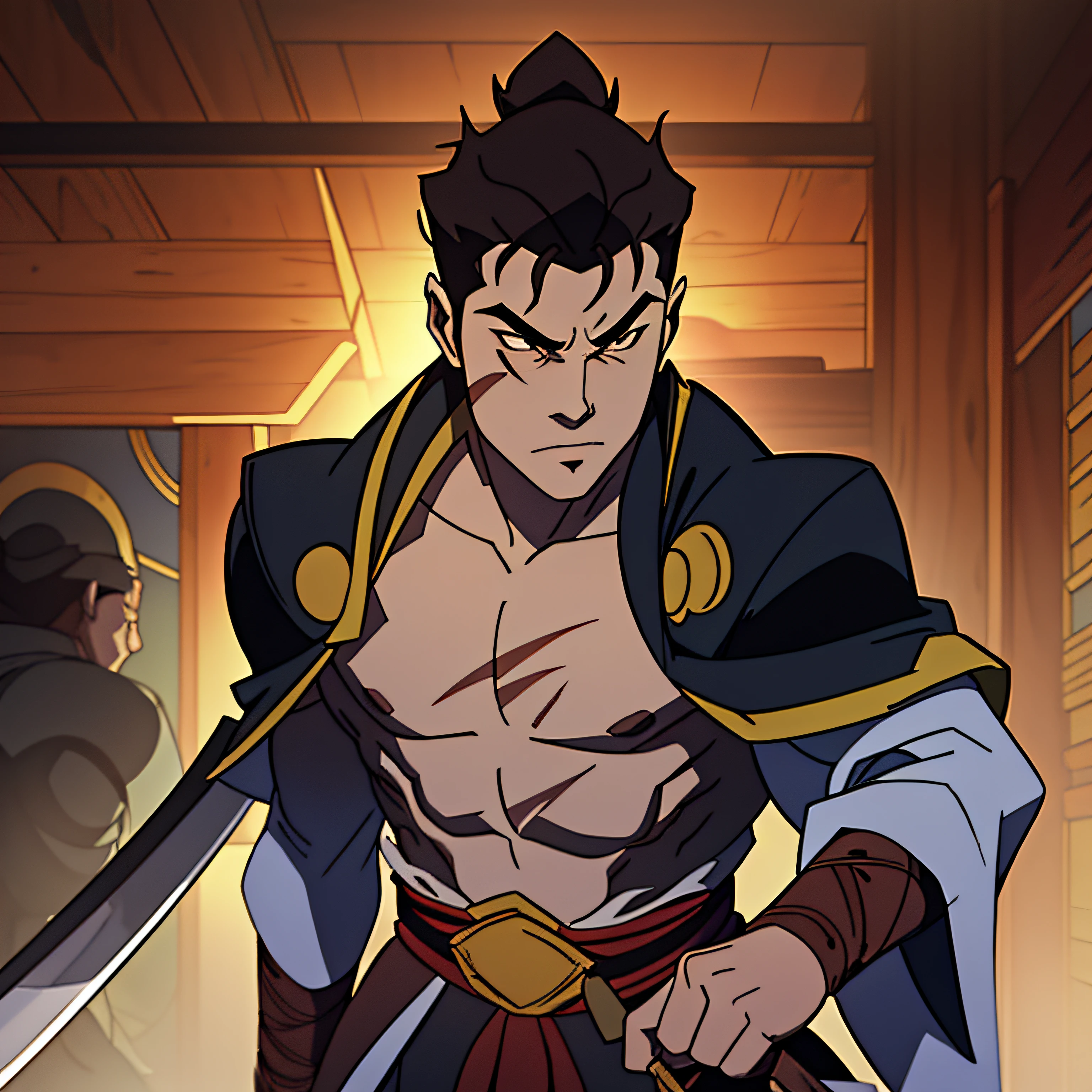 physical: Takeshi is an athletic young adult, of medium height, With an imposing presence. His muscles are well defined due to the rigorous training he has gone through over the years as a ronin. The scars on his body tell stories of past battles and demonstrate his experience in combat. Personalidade: Takeshi is a calm and introspective man, The result of years of solitude and reflection like Ronin. He's loyal, honored and follows its own code of ethics. Apesar de sua serenidade, can be fierce and ruthless in battle, Fighting with determination and unparalleled skill. story: A former samurai of an honored clan, Takeshi fell out of favor unjustly after being accused of a crime he did not commit. Desonrado e desiludido com o sistema, ele se tornou um ronin, um guerreiro sem mestre, Wandering the lands in search of redemption and truth. His journey is an ongoing quest for justice and to reclaim his name and honor. allure: Takeshi has medium-length black hair that is usually stuck in a loose bun, and his green eyes are piercing, Revealing a Wisdom Beyond Your Years. His scar on his face is a mark of his fight against a powerful enemy that nearly cost him his life. Vestir: Ele veste roupas tradicionais de um ronin, incluindo um kimono de cor escura e um haori (casaco) with symbols representing your adventures and achievements. His katana sheath is engraved with symbols that reflect his journey as a wandering warrior. armas: Takeshi is a master of the art of the sword, empunhando uma katana afiada e letal com maestria. He is also skilled with other weapons, como naginata e shuriken, allowing you to face different enemies efficiently. filosofia: The ronin has a unique philosophy that combines the principles of bushido (Samurai Code) with his own vision of justice and compassion. He believes it is his duty to protect the defenseless, ((Traces of Vox machina)), ((jovem adulto)), ((Ronin)), ((Homem))