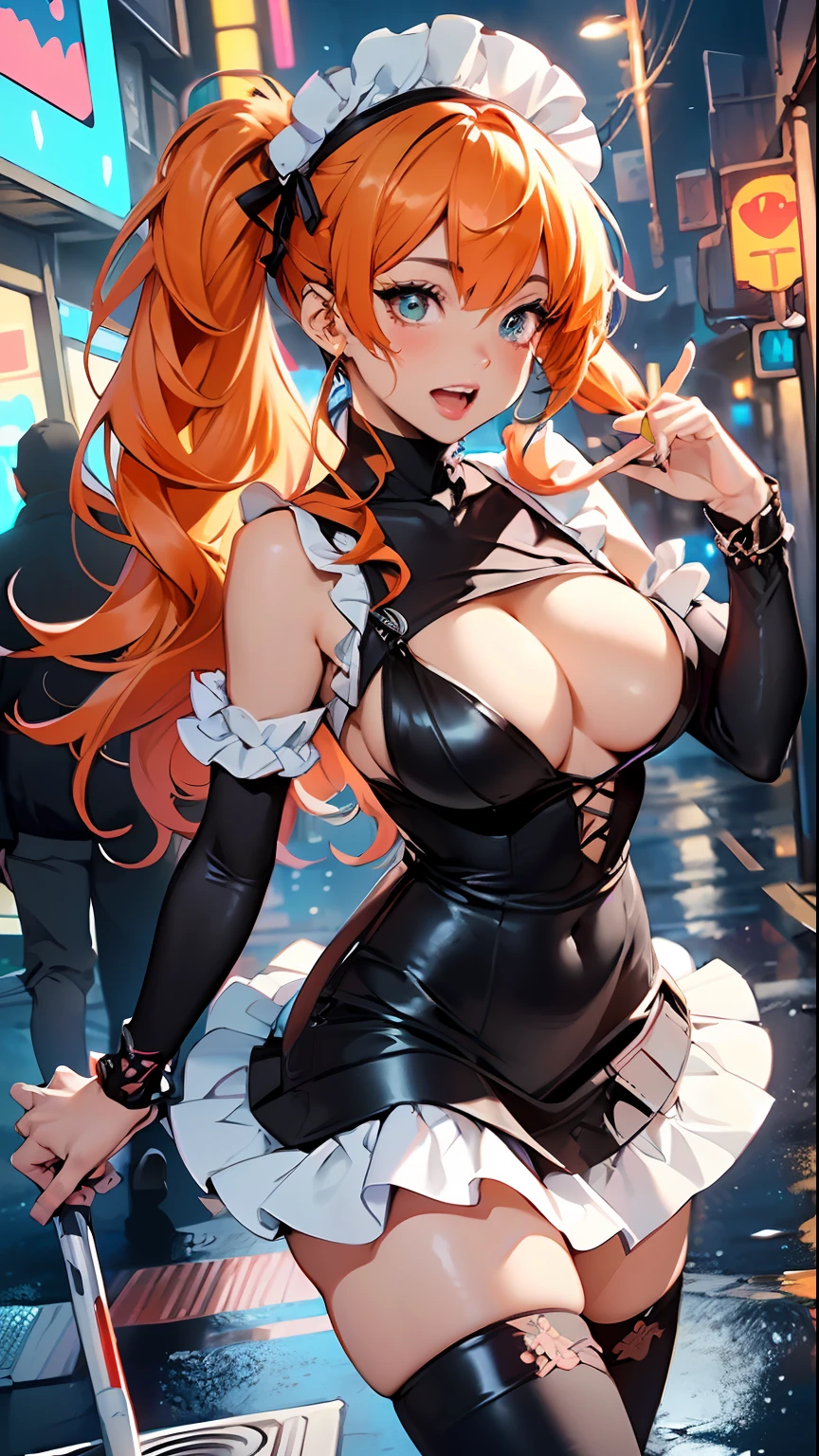 maid girl,(((1girl))),((anime maid girl with extremely cute and beautiful orange hair walking seductively down the street)),

(?????????????:1.4),bountiful ???????, fluffy ???????, H cup bust, bust up, bulging bust top,(((orange twintails hair:1.35,colored inner hair,twintails, ear breathing))),((heterochromia, eye1 orange, eye2 red, perfect eyes, upturned eyes:1.3, beautiful detailed eyes, finely detailed beautiful eyes:1, big highlight on eyes:1.2, slanted eyes)), ((fat)),(((lustrous skin:1.5,bright skin: 1.5,skin tanned,shiny skin,very shiny skin,shiny body,plastic glitter skin,exaggerated shiny skin))),(spider lower abdomen,narrow waist,wide hip,athletic body,inflated legs,delicate detailed fingers,detailed body,detailed arms,human hands, detailed hands),

cute,slutty,seductive,??????,(((????))), 

zettai ryouiki,(maid headdress), maid uniform, Headdress, (maid), sleeveless, mini skirt, boots, cleavage cutout, ???? legs,clothes with a lot of lace frills,(detailed outfit,detailed clothes),

(dynamic pose:1.0),solo focus,happy,((open mouth)),,centered,scale to fit dimensions,Rule of thirds,

outdoors, ((night view)), (cyberpunk night street Background: 1.5,dark sky,alleyway,lonely alley,thick clouds, detailed background:1.25),

(best quality), (high resolution), (sharp focus), (ultra detailed), (extremely detailed), (extremely high quality artwork), 8k_wallpaper, (extremely detailed CG 8k),(very fine 8K CG), ((hyper super ultra detailed perfect piece)), flawless, (((masterpiece))), illustration, vibrant colors,  (intricate), High contrast, Selective lighting, Double exposure, HDR (High Dynamic Range), Post-processing, Background blur,