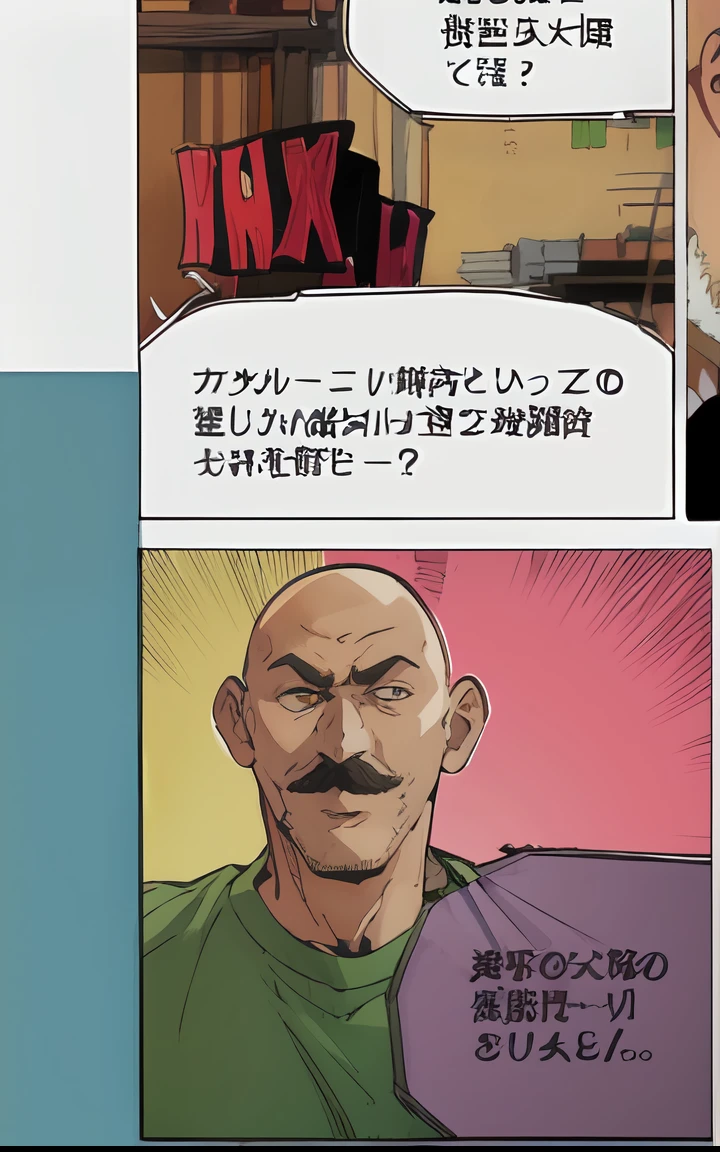 a anime of a man manga, bald, moustache, text manga, color manga, manga color, color manga, color manga panel, simple background