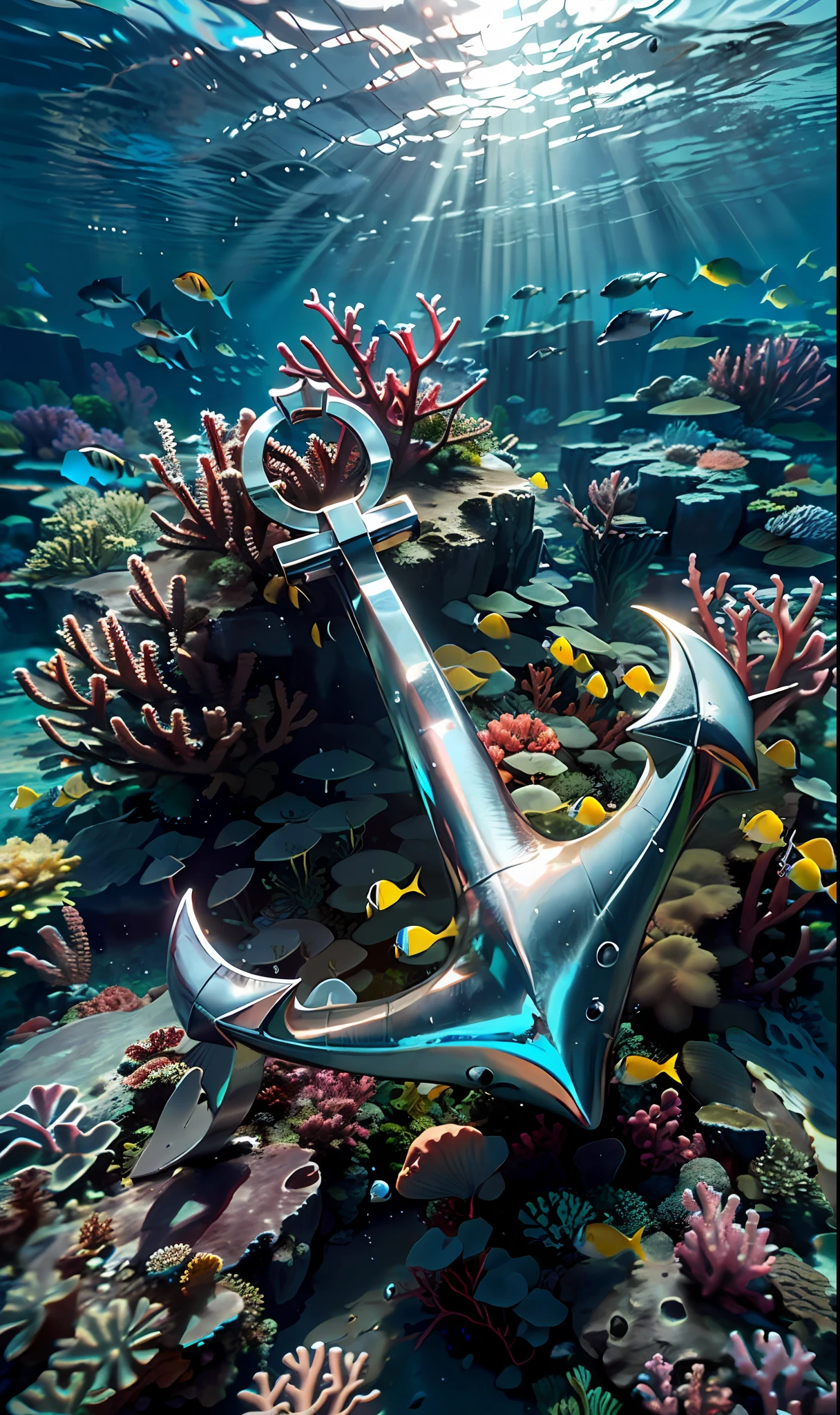 ((underwater view)) ultra wide angle, Best quality, masterpiece, ultra high res, (photorealistic:1.4), raw photo, (majestic) (((a CHROME ANCHOR sits at the bottom of ocean floor))), (underwater) in a (coral reef) environment, with (vibrant colors) and (moon rays) shining through the water, thunderstorm above