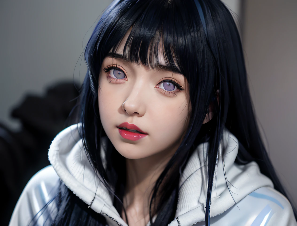 a close up of a person with long hair and a hoodie, hinata hyuga, hinata hyuga from naruto, from naruto, as an anime character, perfect anime face, she has dark blue hair with bangs, female anime character, anime character, anime best girl, hime cut hairstyle, dark blue hair, (red glossy lips:1.3), light purple eyes