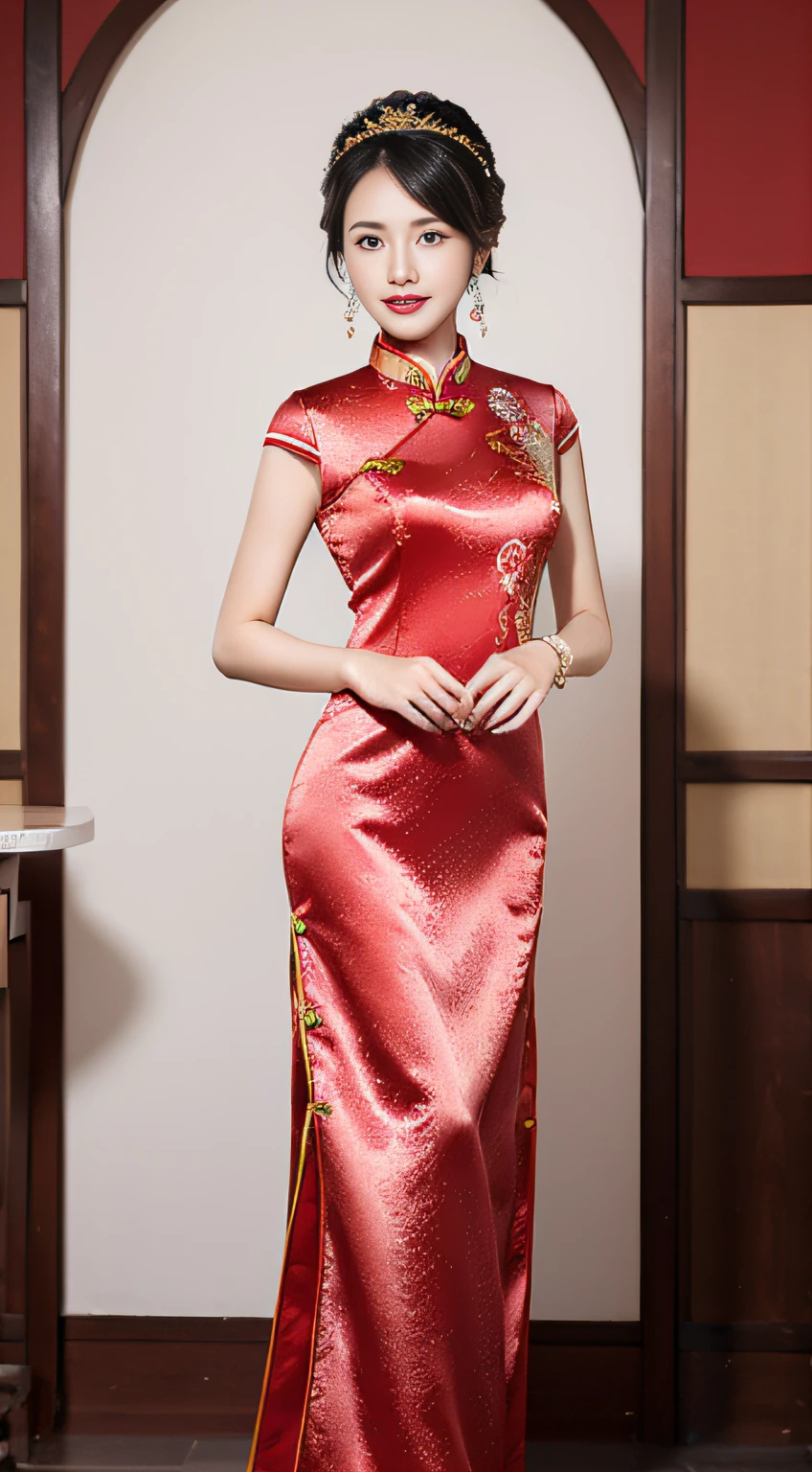 tmasterpiece， best qualtiy，1girl，Star face，Full body photo，The skin is white and red, The eyes are bright and alert,Half-curved eyebrows,Yan red lip color,Wear embroidered headdresses,Jet black hair，Gorgeous satin cheongsam，Embroidered on the cheongsam，Cheongsam silk texture，Cheongsam gold lace，Pearl earrings，Silver gemstone bracelet