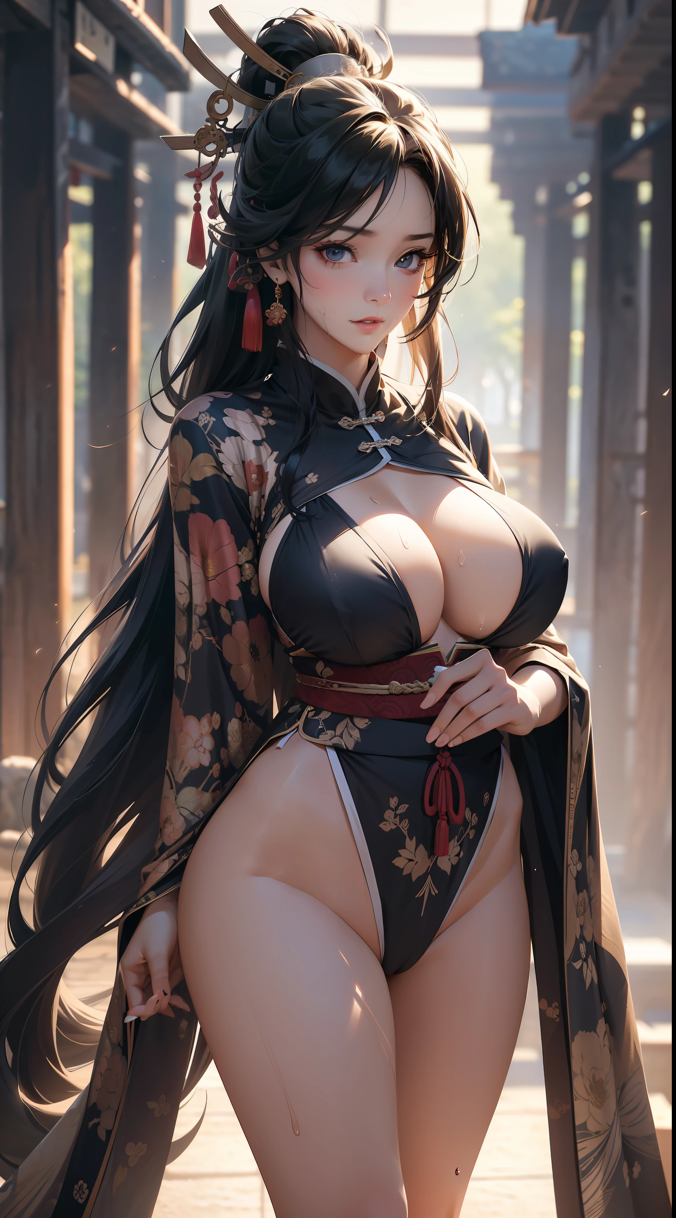 1female,36 years old,Huge breasts, 独奏, Chinese samurai,, Pornographic exposure,Exposure of bikinis,coniferous forest, She has long flowing hair, Bare genitalia, standing on your feet,Bigchest,Wet straight hair,Sweat profusely,drenched all over the body, From the front side, hair straight, mostly cloudy sky,(((tmasterpiece),(Very detailed CG unity 8K wallpaper),best qualtiy,cinmatic lighting,detailed back ground,beatiful detailed eyes,Bright pupils,(Very fine and beautiful),(Beautiful and detailed eye description),ultra - detailed,tmasterpiece,)),facing at camera,A high resolution,ultra - detailed),beautifullegs,Very long hair,legs are open,Emotive expressions,Open-mouthed,Chest sagging,nakeness, Bulge,Expose the genitals,revealing breasts,Camel toes,with no underpants,extremely large bosom,Extremely colorful,Most detailed,fully body photo,The face is well lit