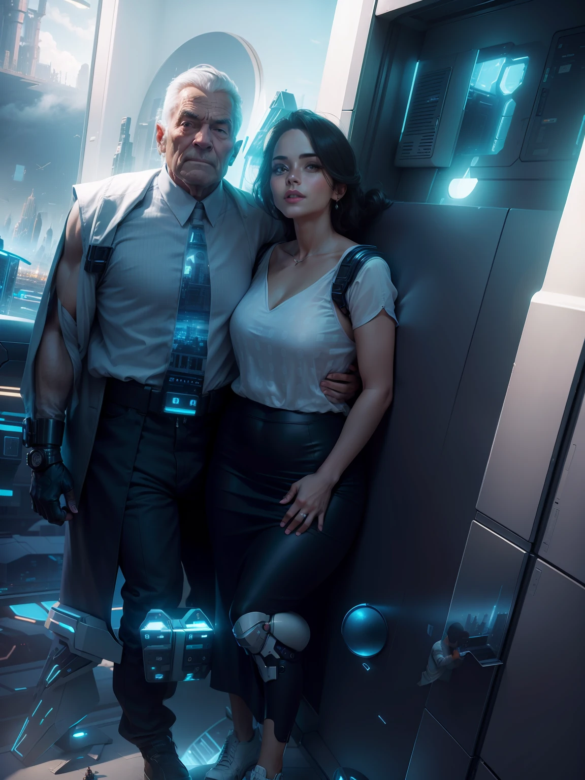 Couple embraced in the background a futuristic city. 8k HD image