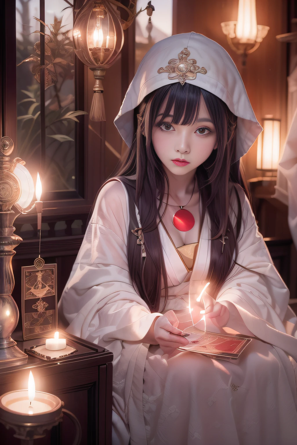 Mysterious woman doing tarot reading,Tarot Reading,Tarot Cards,cute  face,Blunt bangs, Straight hair, Shiny hair,Medieval mystery clothes,Mysterious fortune teller,Mysterious Sennin,magical lights,albino,Red eyes,Pale red glowing eyes