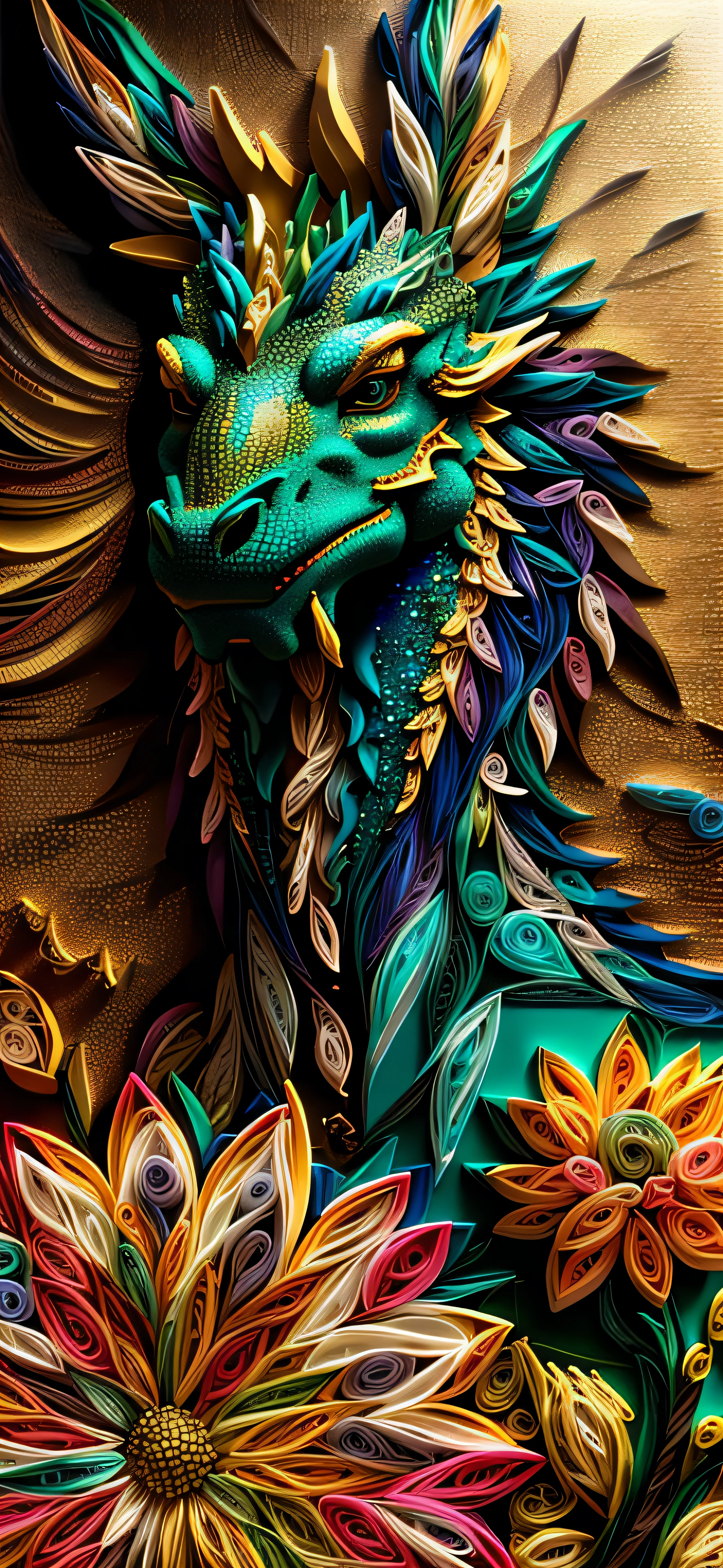 a dragon, flowers, golden glitters, multi dimensional quilling paper, art, beautiful, colorful, Masterpieces, top quality, best quality, official art, beautiful and aesthetic,((16k ultra realistic))