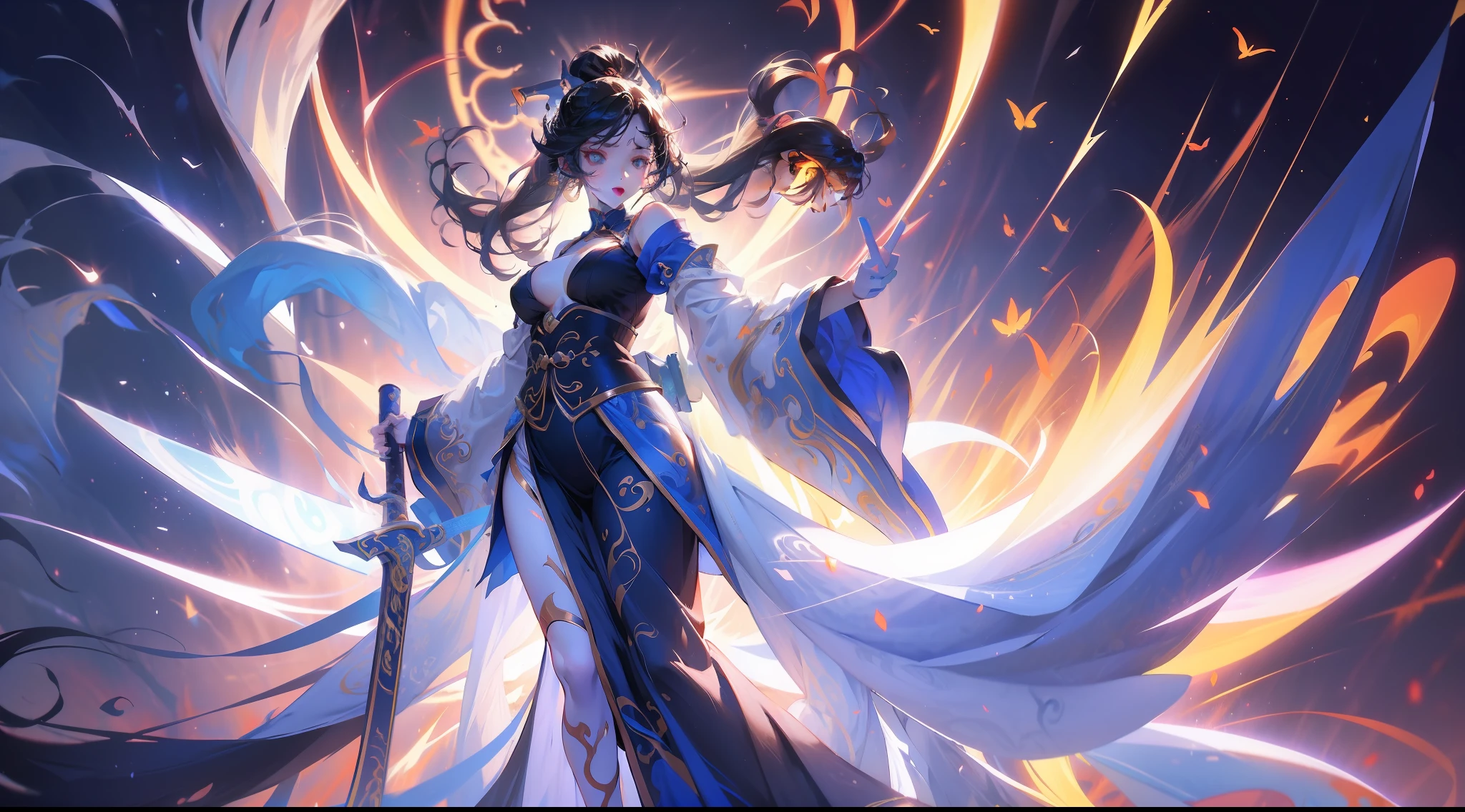 colorful world,Shine on the side of the girl's face,22 year old,realisticlying,Female Taoist,no-bra,vacuum,Extra-long sleeves,Off-the-shoulder attire,huge tit,cleavage,Hanfu long skirt,White panties looming,Extra-long hair,Color gradient for long hair(1.5),Messy hair,Taoist sword,Taoist costumes,Taoist charm,Barefoot,realskin,realcumAI,Snow-white skin,Snow-white thighs,Top image quality,Extreme light and shadow,From below,Colorful tights,High details,Standing painting,Demons and demons,Repellent,lines of movement,in a panoramic view