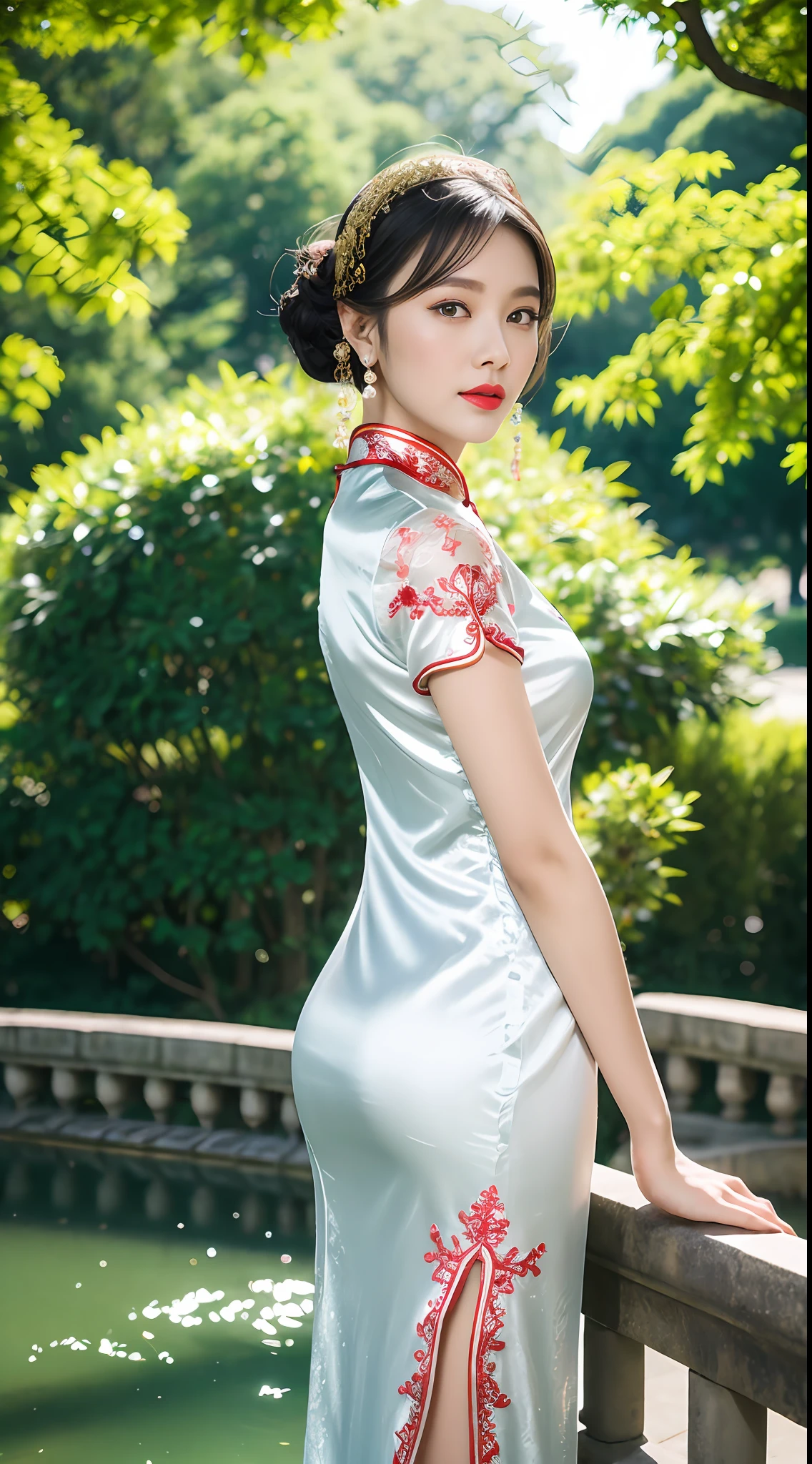 tmasterpiece， best qualtiy，1girll，Star face，fully body photo，Long legs，The skin is white and red, The eyes are bright and alert,Semi-curved eyebrows,Swallow red lip gloss,Wear embroidered headdresses,Jet black hair，Gorgeous satin cheongsam，The cheongsam is embroidered，Cheongsam silk texture，Cheongsam gold lace，Pearl earrings，Silver-toned gemstone bracelet，parks，green trees，arch bridges，small stream，Background bokeh