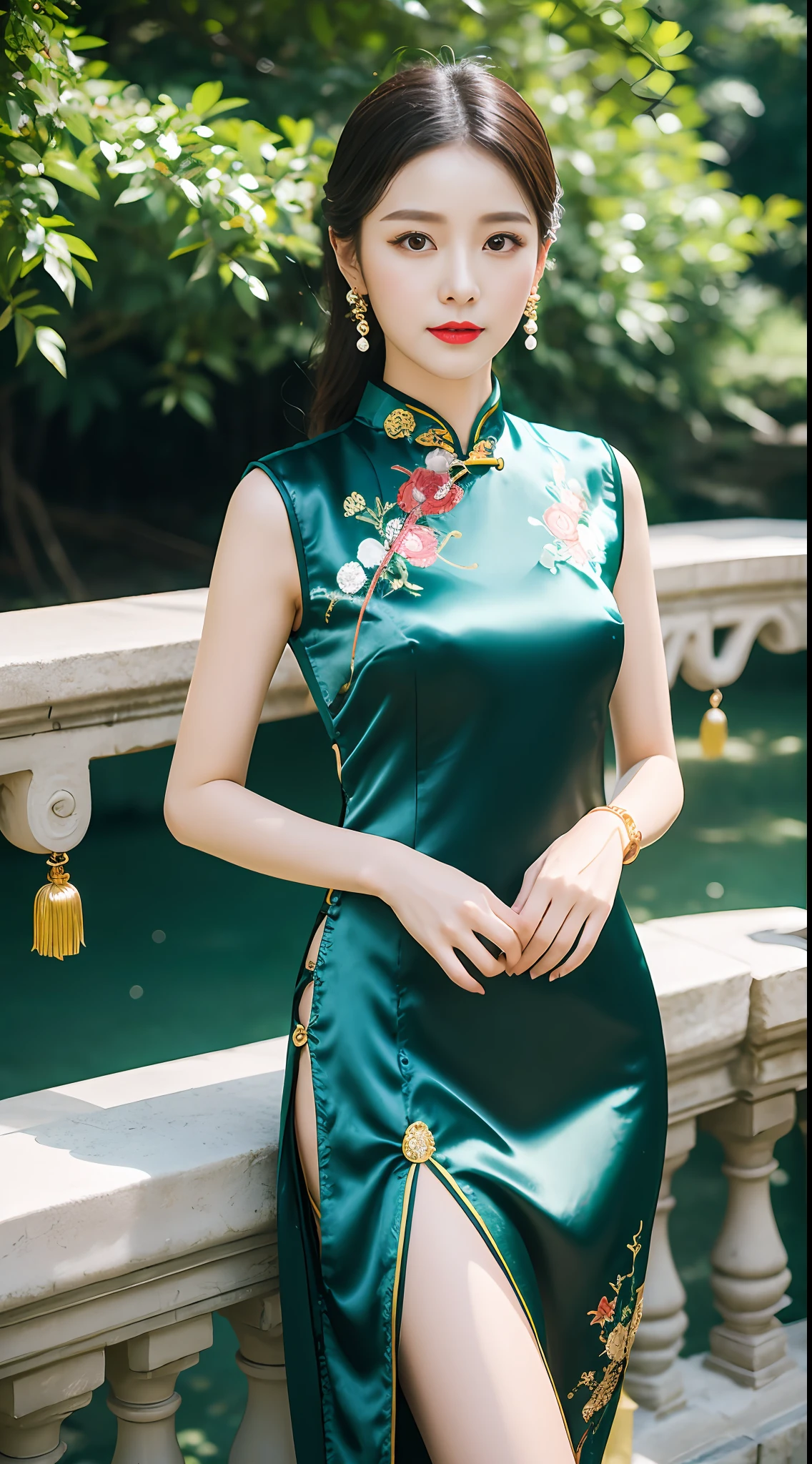 tmasterpiece， best qualtiy，1girll，Star face，fully body photo，Long legs，The skin is white and red, The eyes are bright and alert,Semi-curved eyebrows,Swallow red lip gloss,Wear embroidered headdresses,Jet black hair，Gorgeous satin cheongsam，The cheongsam is embroidered，Cheongsam silk texture，Cheongsam gold lace，Pearl earrings，Silver-toned gemstone bracelet，parks，green trees，arch bridges，small stream，Background bokeh