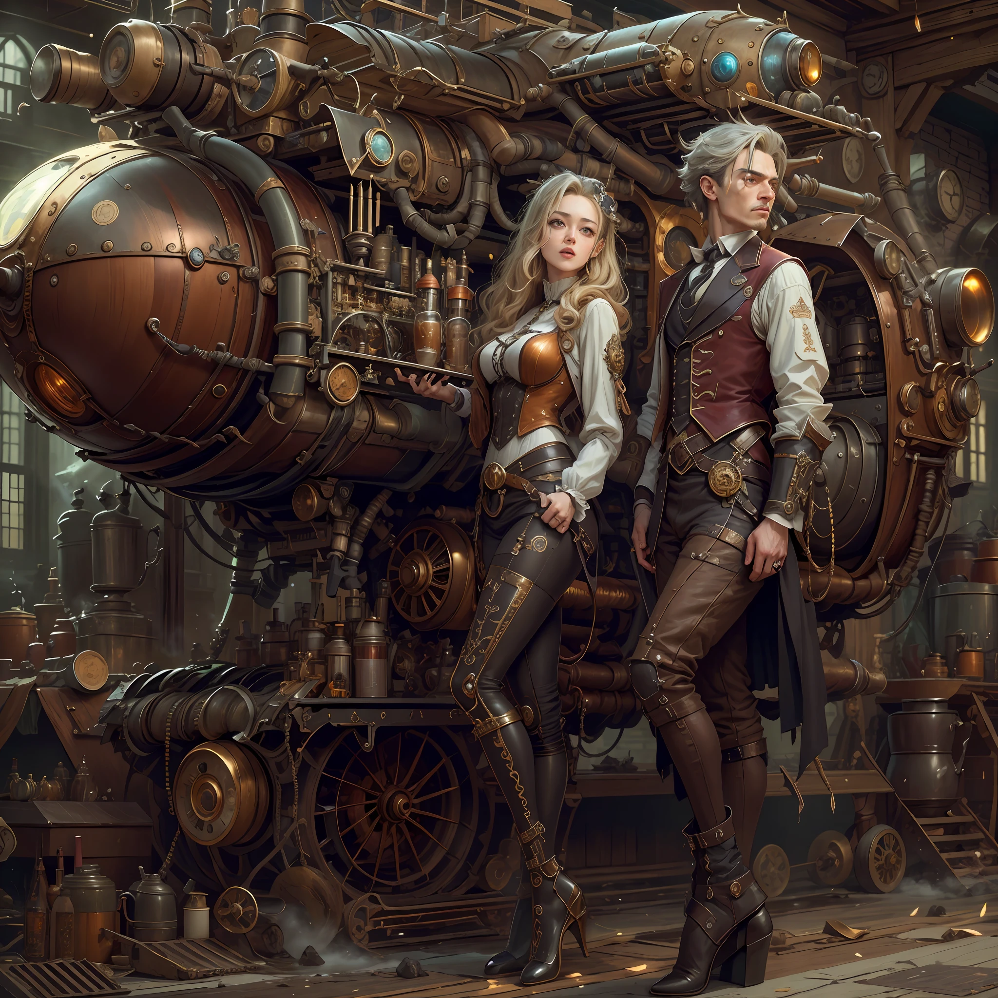 best qualtiy,tmasterpiece,超高分辨率,(realisticlying:1.4),absurderes,(1 couple standing in the manor,(Eye focus),sface focus, Clear facial features),(koh_amberheard:0.8),1 best long shot photo of Mechanical Airship Manor,Fantasy sci-fi vehicles,hyper realisitc,steampunc,Complex design,insanely details,finely detailled,Steampunk AI,