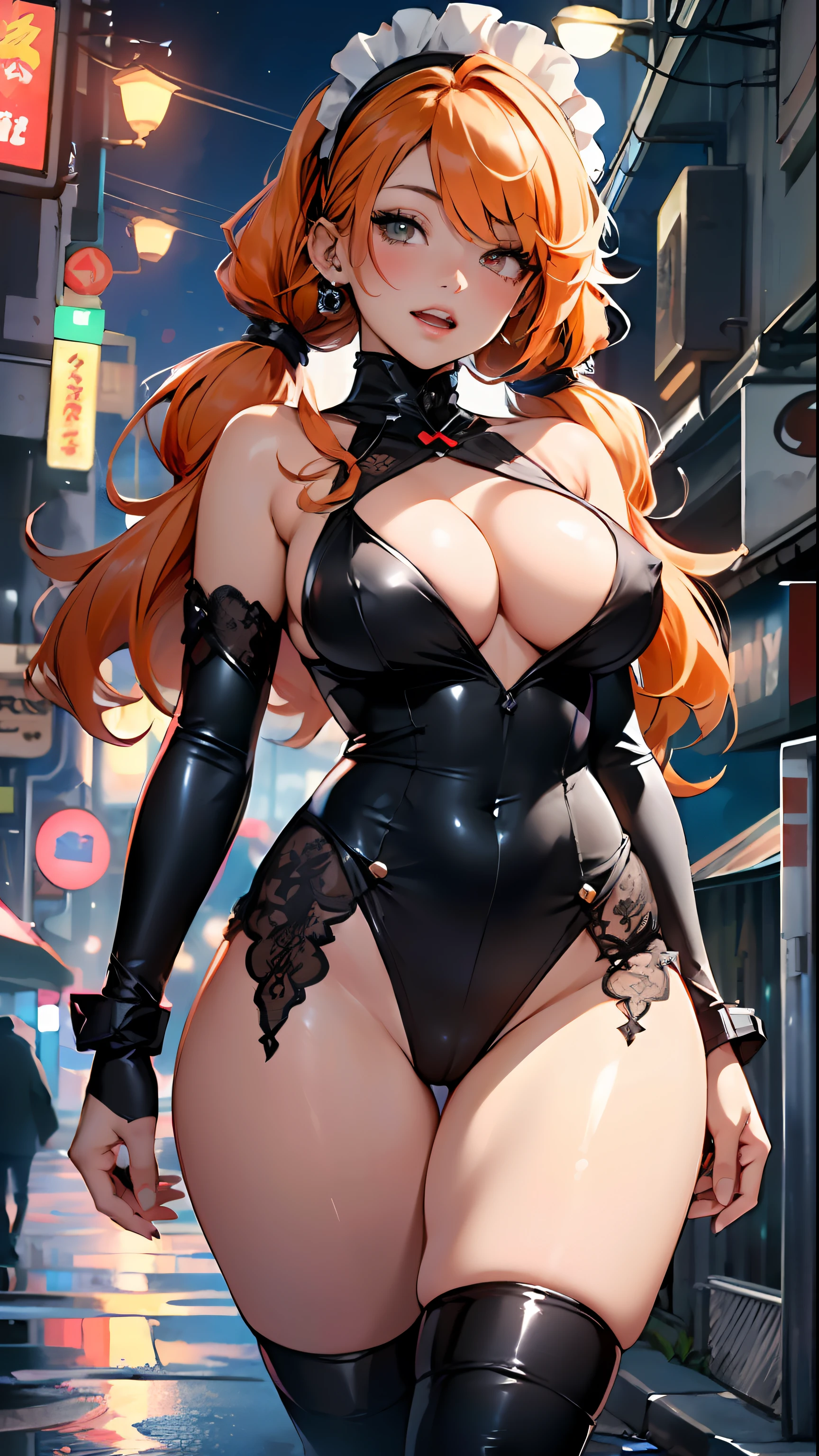 maid girl,(((1girl))),((anime maid girl with extremely cute and beautiful orange hair walking seductively down the street)),

(large breasts:1.4),bountiful breasts, fluffy breasts, H cup bust, bust up, bulging bust top,(((orange twintails hair:1.35,colored inner hair,twintails, ear breathing))),((heterochromia, eye1 orange, eye2 red, perfect eyes, upturned eyes:1.3, beautiful detailed eyes, finely detailed beautiful eyes:1, big highlight on eyes:1.2, slanted eyes)), ((fat)),(((lustrous skin:1.5,bright skin: 1.5,skin tanned,shiny skin,very shiny skin,shiny body,plastic glitter skin,exaggerated shiny skin))),(spider lower abdomen,narrow waist,wide hip,athletic body,inflated legs,delicate detailed fingers,detailed body,detailed arms,human hands, detailed hands),

cute,slutty,seductive,erotic,(((nsfw))), 

zettai ryouiki,(maid headdress), maid uniform, Headdress, (maid), sleeveless, mini skirt, boots, cleavage cutout, bare legs,clothes with a lot of lace frills,(detailed outfit,detailed clothes),

(dynamic pose:1.0),solo focus,happy,((open mouth)),,centered,scale to fit dimensions,Rule of thirds,

outdoors, ((night view)), (cyberpunk night street Background: 1.5,dark sky,alleyway,lonely alley,thick clouds, detailed background:1.25),

(best quality), (high resolution), (sharp focus), (ultra detailed), (extremely detailed), (extremely high quality artwork), 8k_wallpaper, (extremely detailed CG 8k),(very fine 8K CG), ((hyper super ultra detailed perfect piece)), flawless, (((masterpiece))), illustration, vibrant colors,  (intricate), High contrast, Selective lighting, Double exposure, HDR (High Dynamic Range), Post-processing, Background blur,