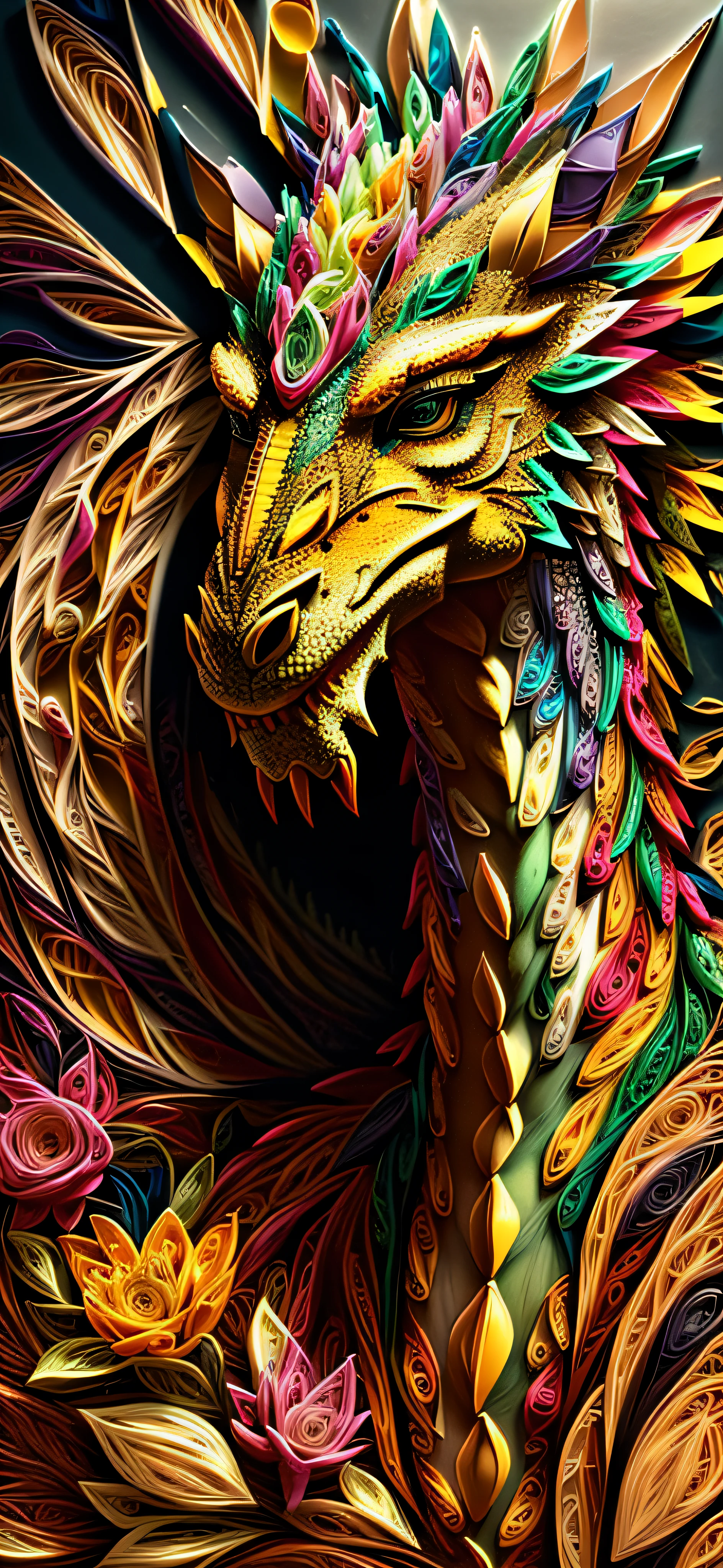 a dragon, flowers, golden glitters, multi dimensional quilling paper, art, beautiful, colorful, Masterpieces, top quality, best quality, official art, beautiful and aesthetic,((16k ultra realistic))