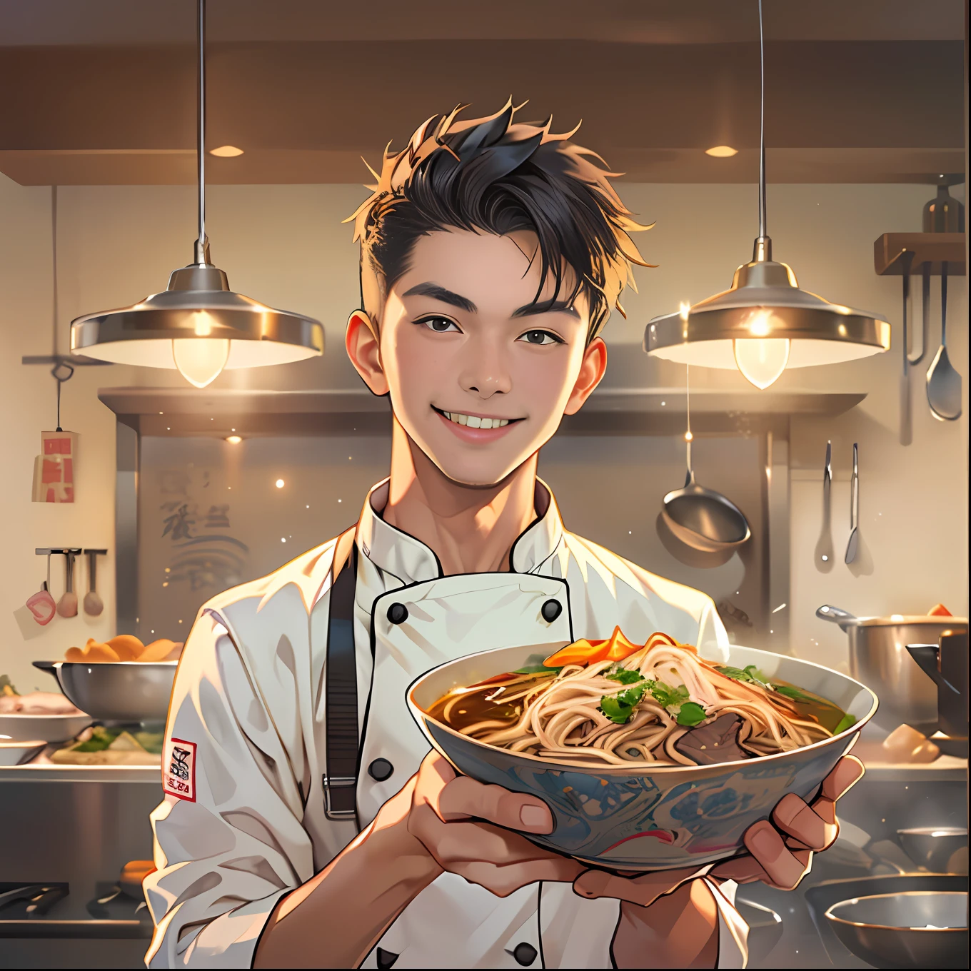 A young and handsome chef stands in front of the camera，With a smile on his face，Holding a tempting bowl of beef noodles,in the style of the stars art group xing xing, 32K, Best quality, Masterpiece, Super detail,