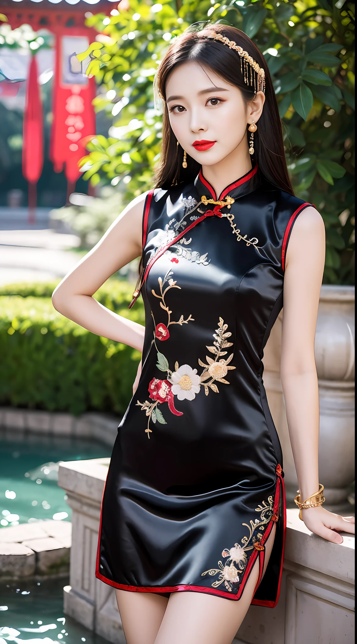 tmasterpiece, best qualtiy,1girll,Star face,fully body photo,Long legs,The skin is white and red, The eyes are bright and alert,Semi-curved eyebrows, Swallow red lip gloss, Wear embroidered headdresses, Jet black hair,Gorgeous satin cheongsam,The cheongsam is embroidered,Cheongsam silk texture,Cheongsam gold lace,Ruby earrings,Silver-toned gemstone bracelet,parks,arch bridges,small stream,Background bokeh