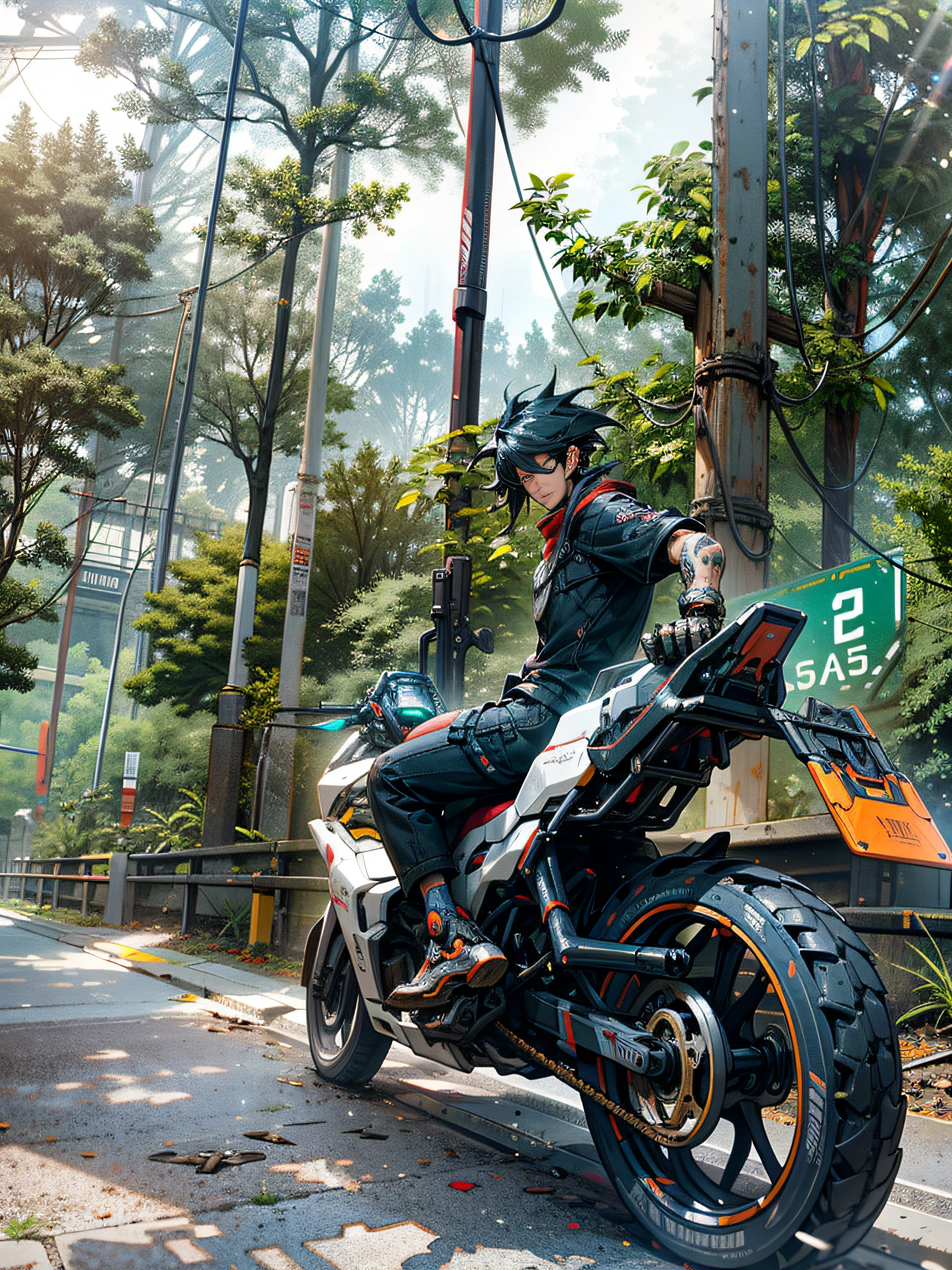 Dark_Fantasy,Cyberpunk,(chain saw,chain saw man,Red:1.1),1man,Mechanical marvel,Robotic presence,Cybernetic guardian, wearing a worn-out mech suit, intricate, (steel metal [rusty]), elegant, clear focus, shot by greg rutkowski, soft lighting, vibrant colors, masterpiece, ((street)), cowboy shot, dynamic pose,