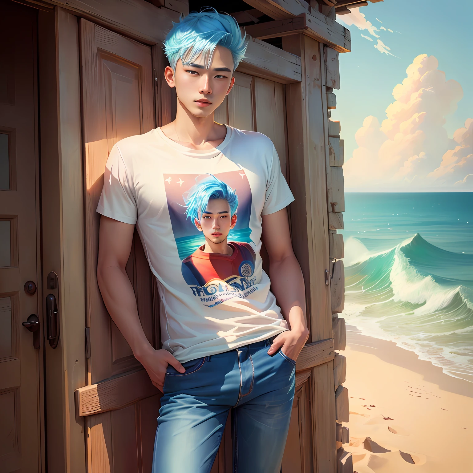 Fantasyart、photo realisti、动态照明、man、man light blue hair