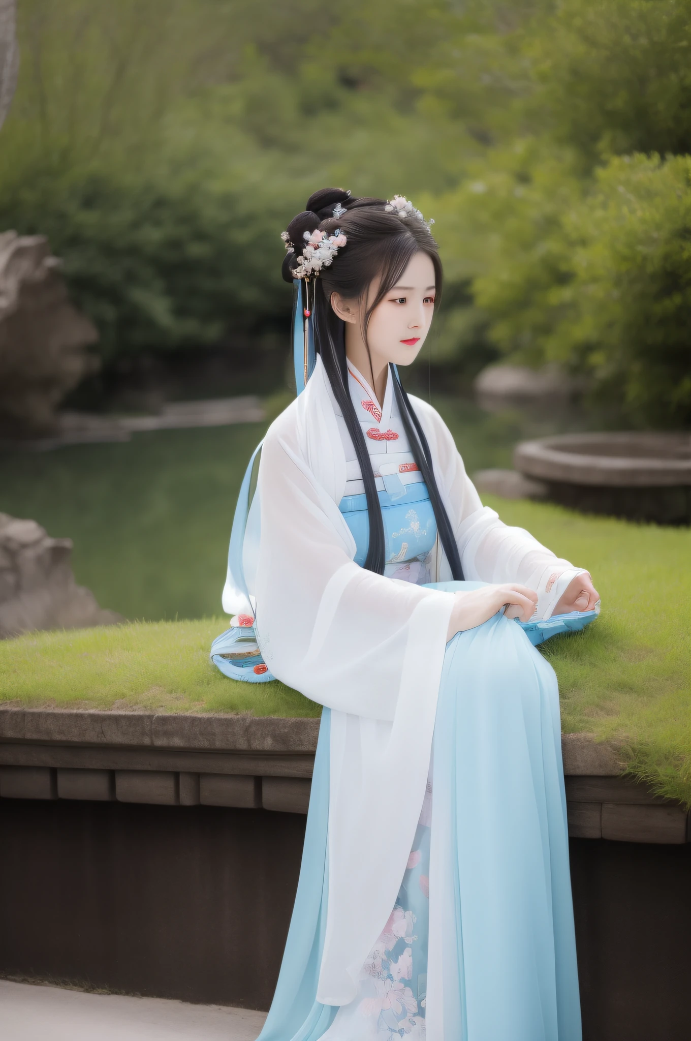 Changting Hanfu woman sits watching the flowing years, Lookout mountain shallow clouds