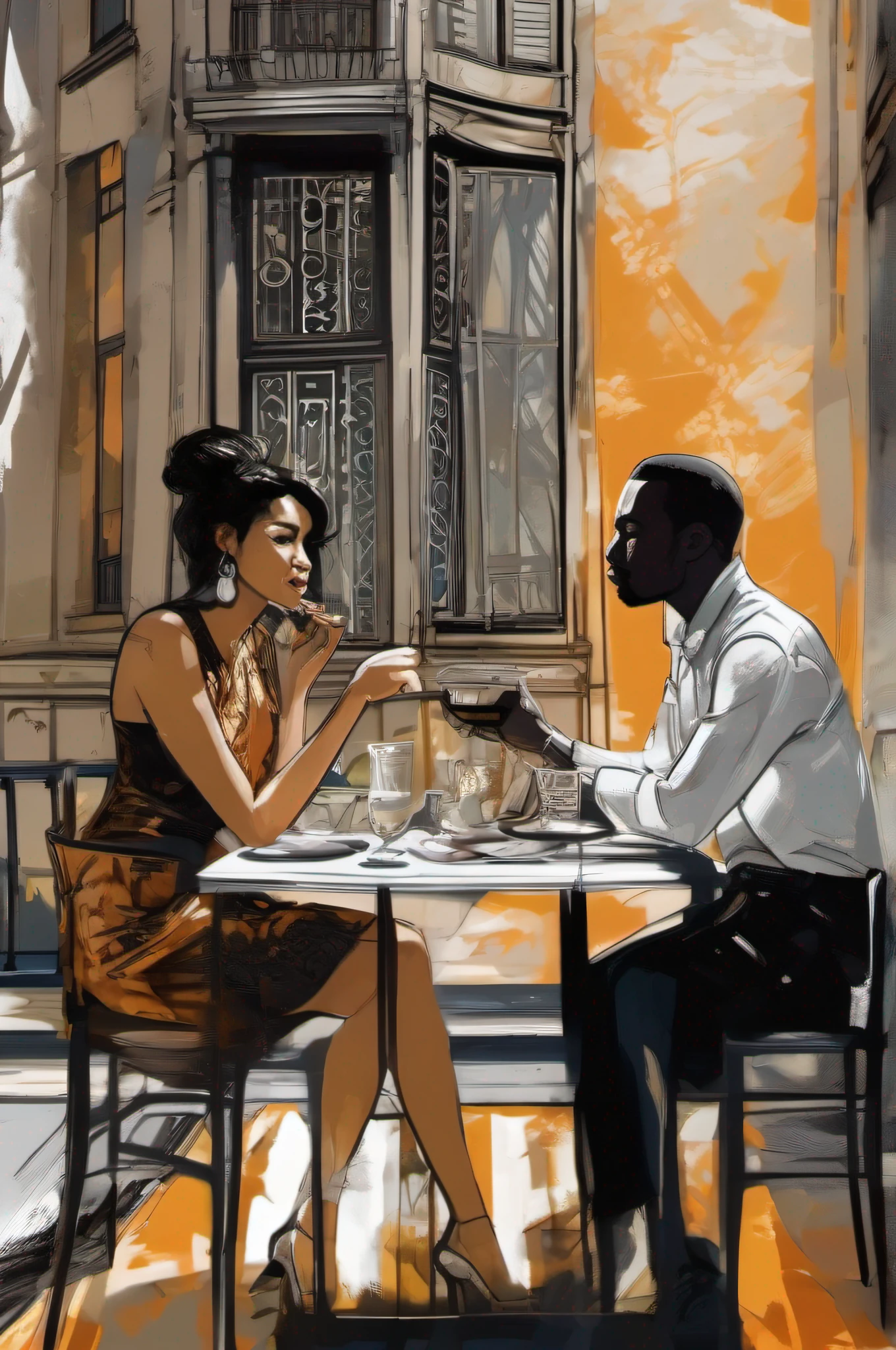 joanne prado black man & white woman paris love, in the style of architectural illustrator, xu beihong, dark amber and gray, extravagant table settings, alice pasquini, digitally enhanced, romanticized views --ar 128:51