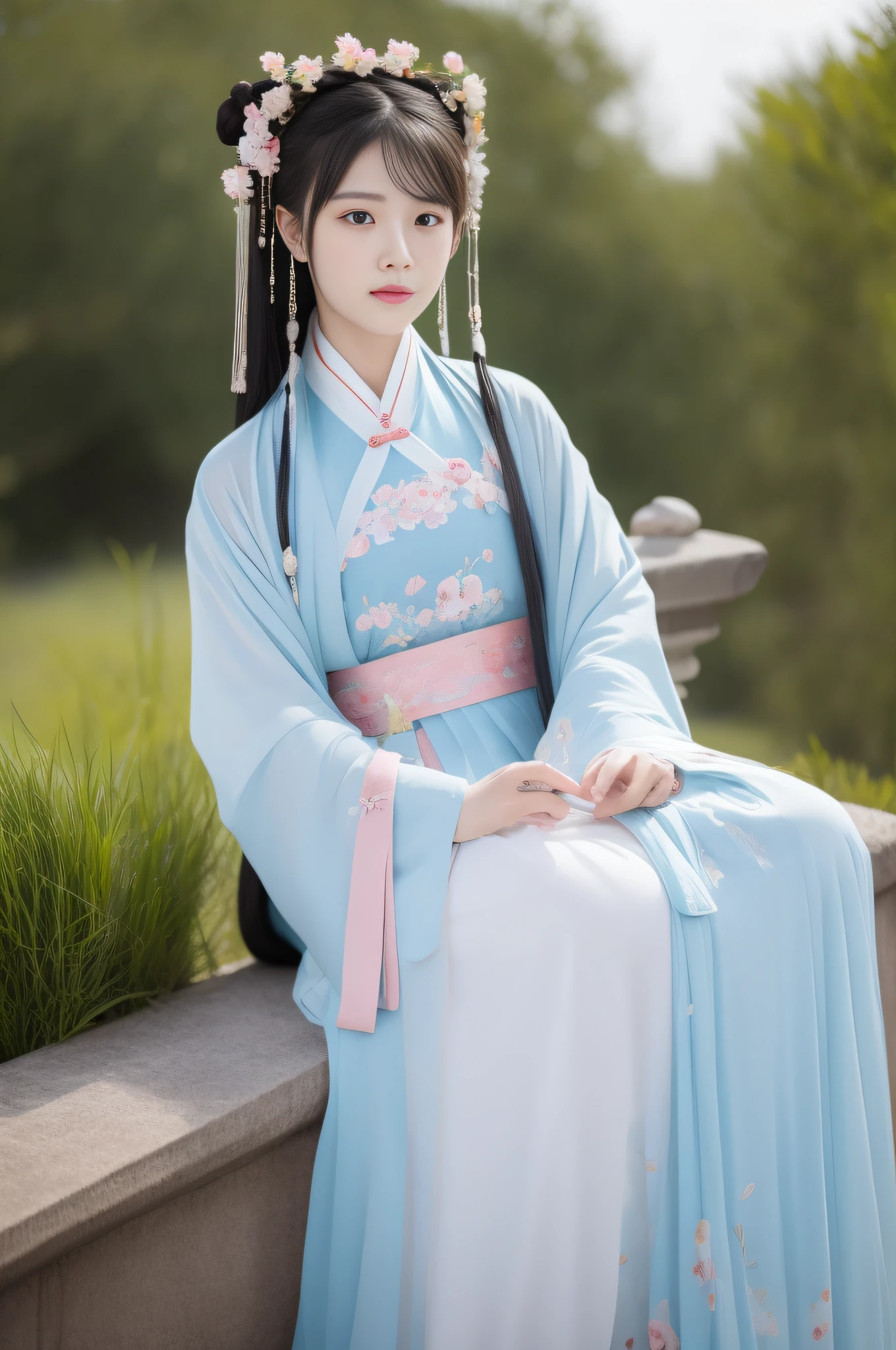 Changting Hanfu woman sits watching the flowing years, Lookout mountain shallow clouds