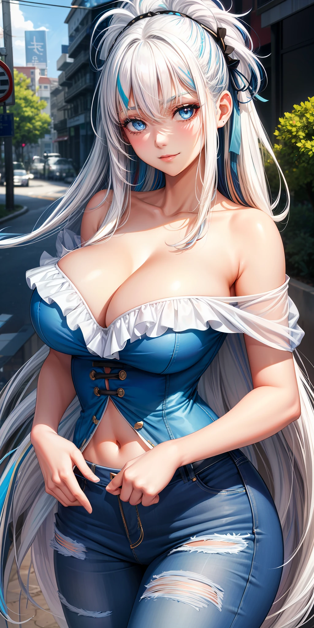 Big breasts, 1girl, ((white hair and blue streaks in the front hair)) ((girl)) blue eyes, has an extremely sexy body, with full breasts and thin waist, strapless blouse delicate fabric simple jeans, has a bold look. young, quality, realistic, best quality, she is in love, cute expression, shy smile, daytime, park