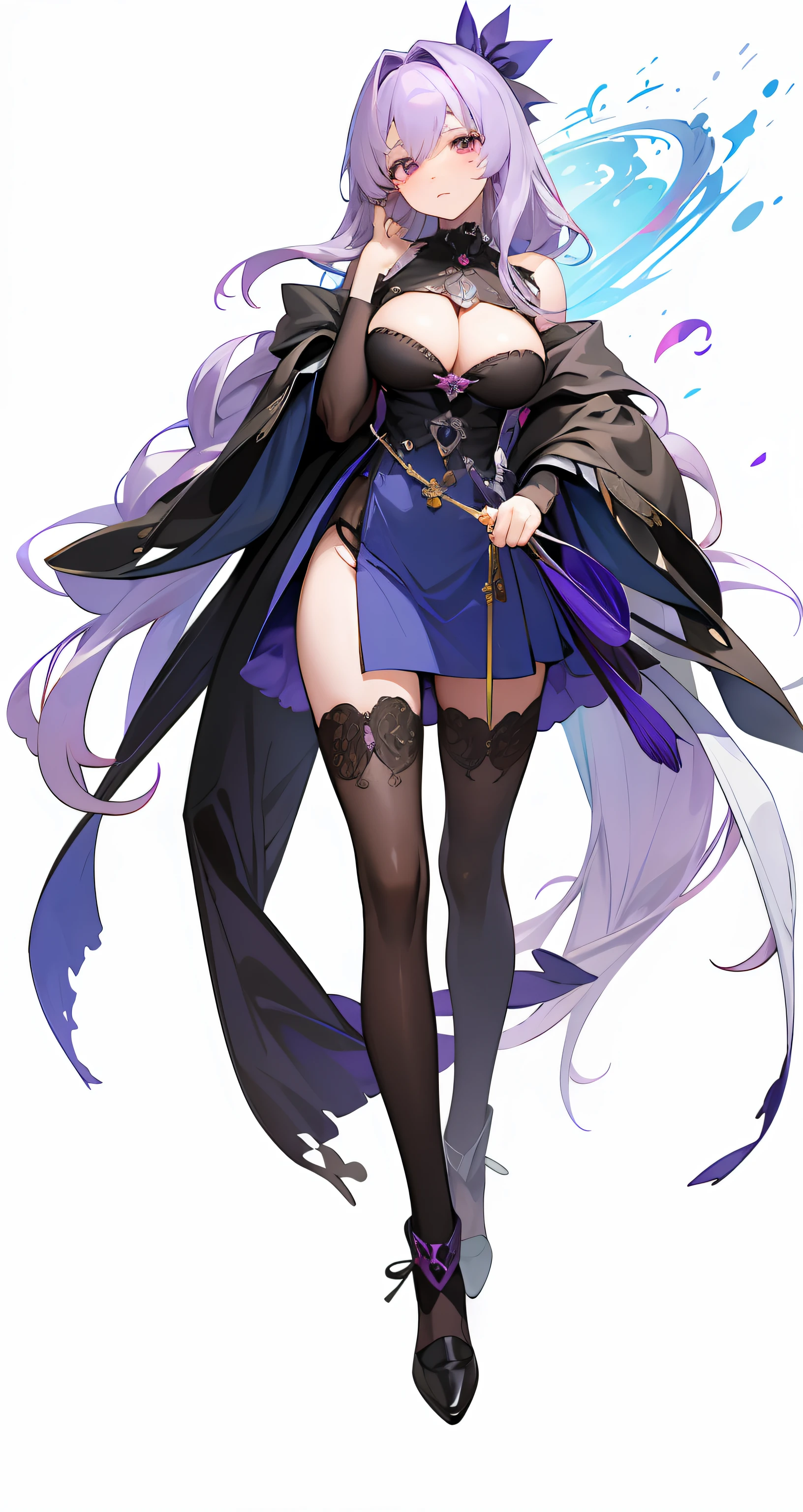 Purple colored hair，face expressionless，Silver eyes，gentleness，The feeling of childhood sweethearts，huge tit，blacksilk，high qulity，higher details，The sense of sacredness