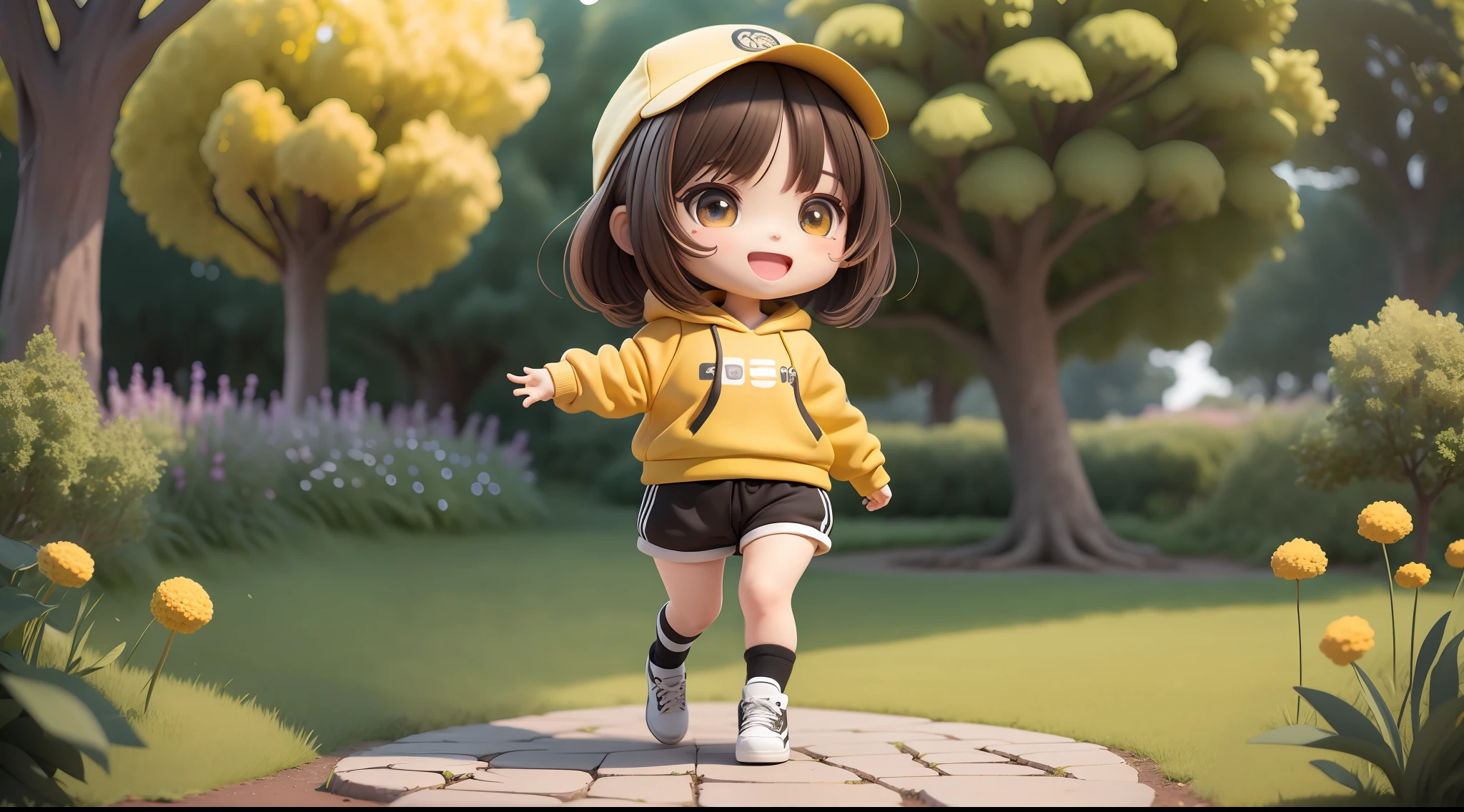 (masterpiece),(best quality),(ultra-detailed), (full body:1.2), a girl, chibi, cute, smile, open mouth, outdoors,shitdown pose, hoodie, yellow, tree, :3, shirt, short hair, brown hair, long stripes stickers, long sleeves, black hair, sneakers, pants, (beautiful detailed face), (beautiful detailed eyes),