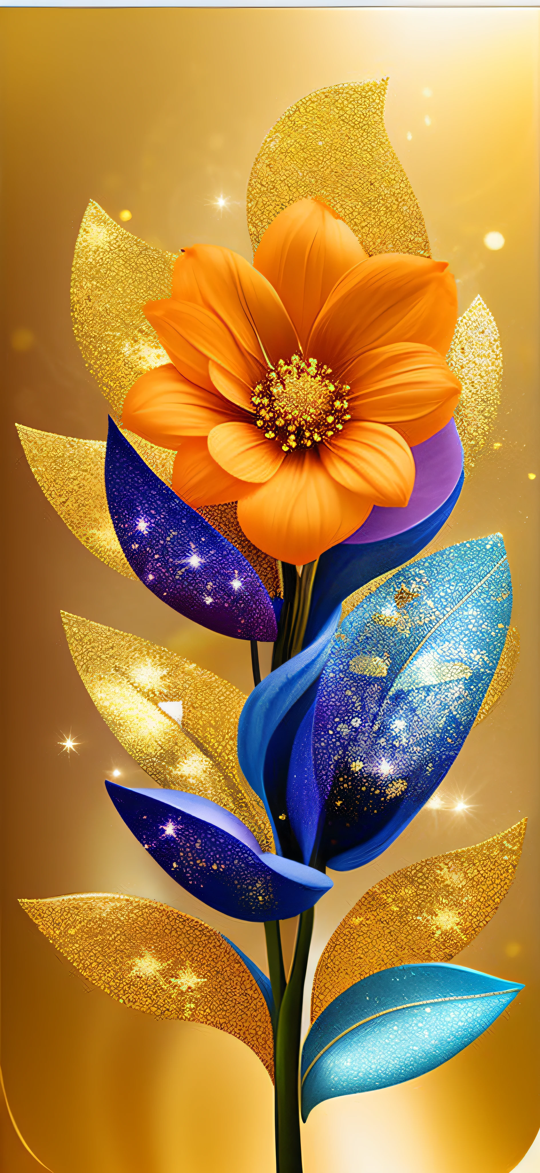 a stylized flower with multiple elements, Elemental Flowers, golden glitters