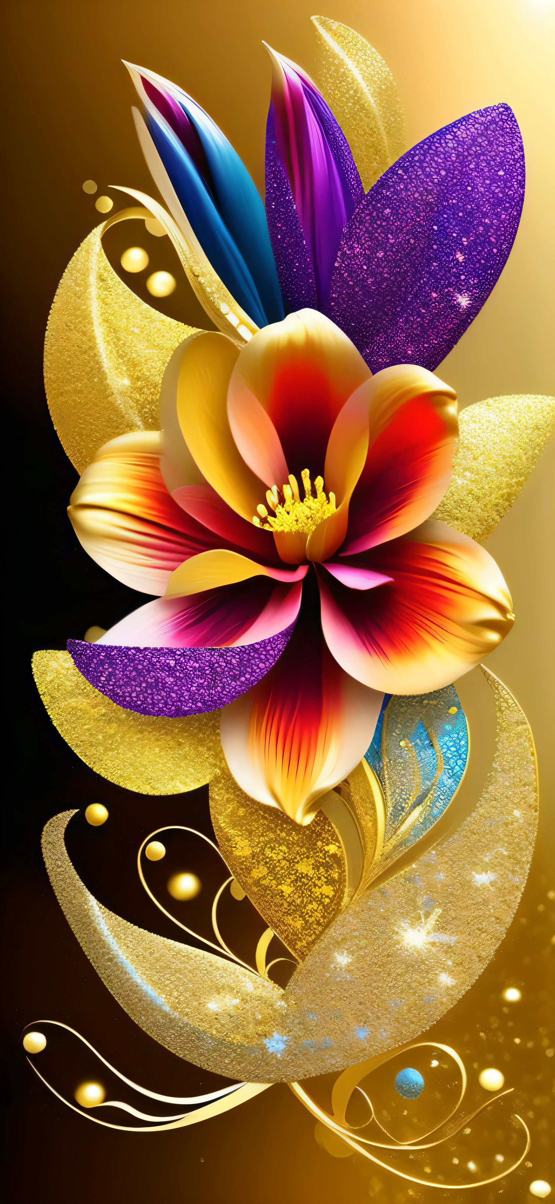a stylized flower with multiple elements, Elemental Flowers, golden glitters