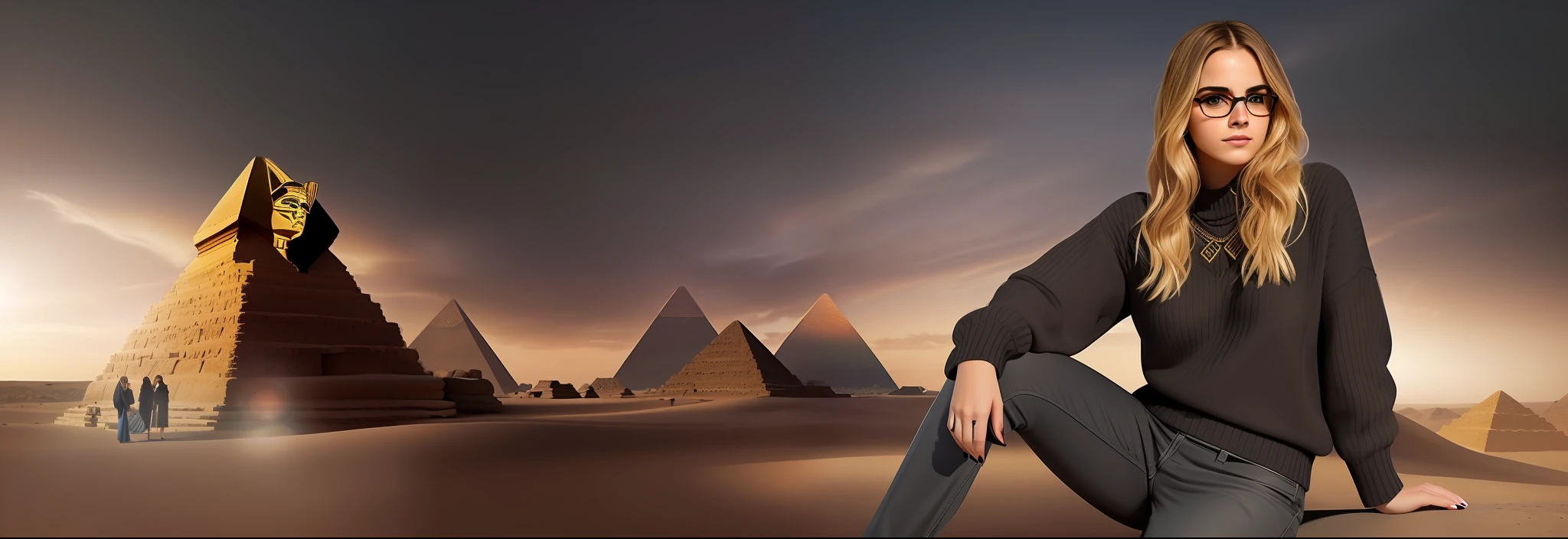 Blonde woman in black sweater and glasses standing in front of pyramids, pyramids in the background, pyramids in background, " Femme on a Galactic Coast, Pyramids, Stargate no deserto, pyramids style, Girl in Egyptian ruins, black emma watson as egyptian, Mystical setting, foto retrato, pyramid in background, foto retrato de pintura fosca, inspirado em Julia Pishtar