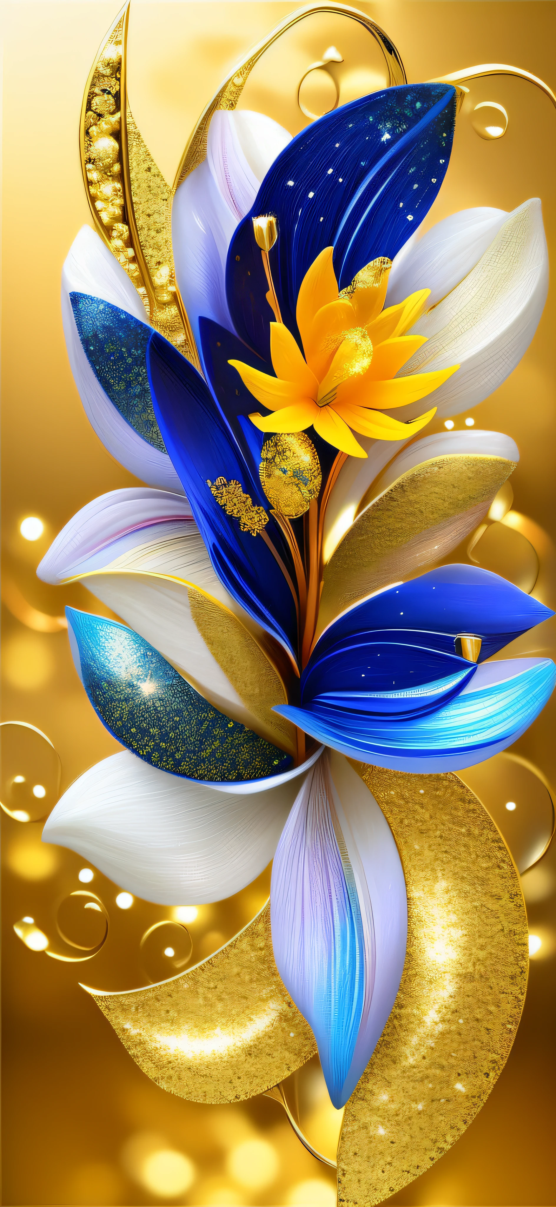 a stylized flower with multiple elements, Elemental Flowers, golden glitters