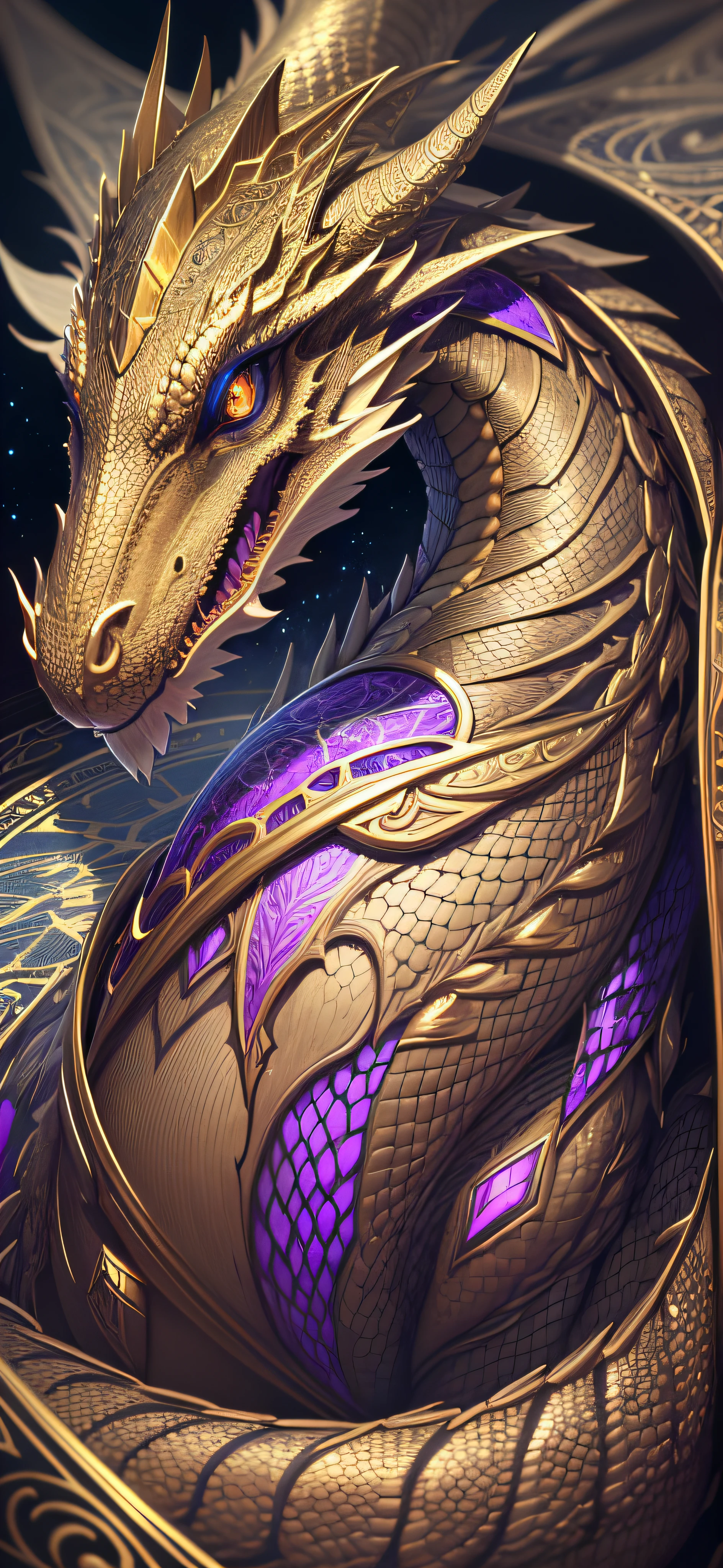 (best quality) dragon, ultra-detailed, intricate linework, highly detailed illustration, perfect composition, beautiful and stunning, dynamic angle, high contrast, incredible shading, incredible detail, unique style, gold and purple details, gold glitters, lotus flowers (dark and mystical atmosphere), intricate and detailed nature elements.