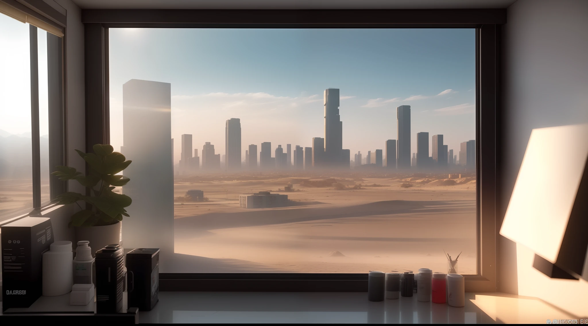 estilo POV( Angulo de visãp) quarto gamer! oomAcross the window in the background is a dystopian cyberpunk future), dualidade, (Montanhas:1.1), (Badlands:0.8), (Skyline da cidade cyberpunk), Alto ponto de vista, ((estabelecendo tiro)), (altamente detalhado, hiperdetalhado, intrincado), (Reflexo da lente:0.7), (Bum:0.5), ray tracing, particle effects, dust, areia, profundidade de campo, soft and diffuse lighting, fotografado em uma Canon EOS R5, Lente ultra wide de 24 mm, foco profundo, 4k resolution, cinematic movie still