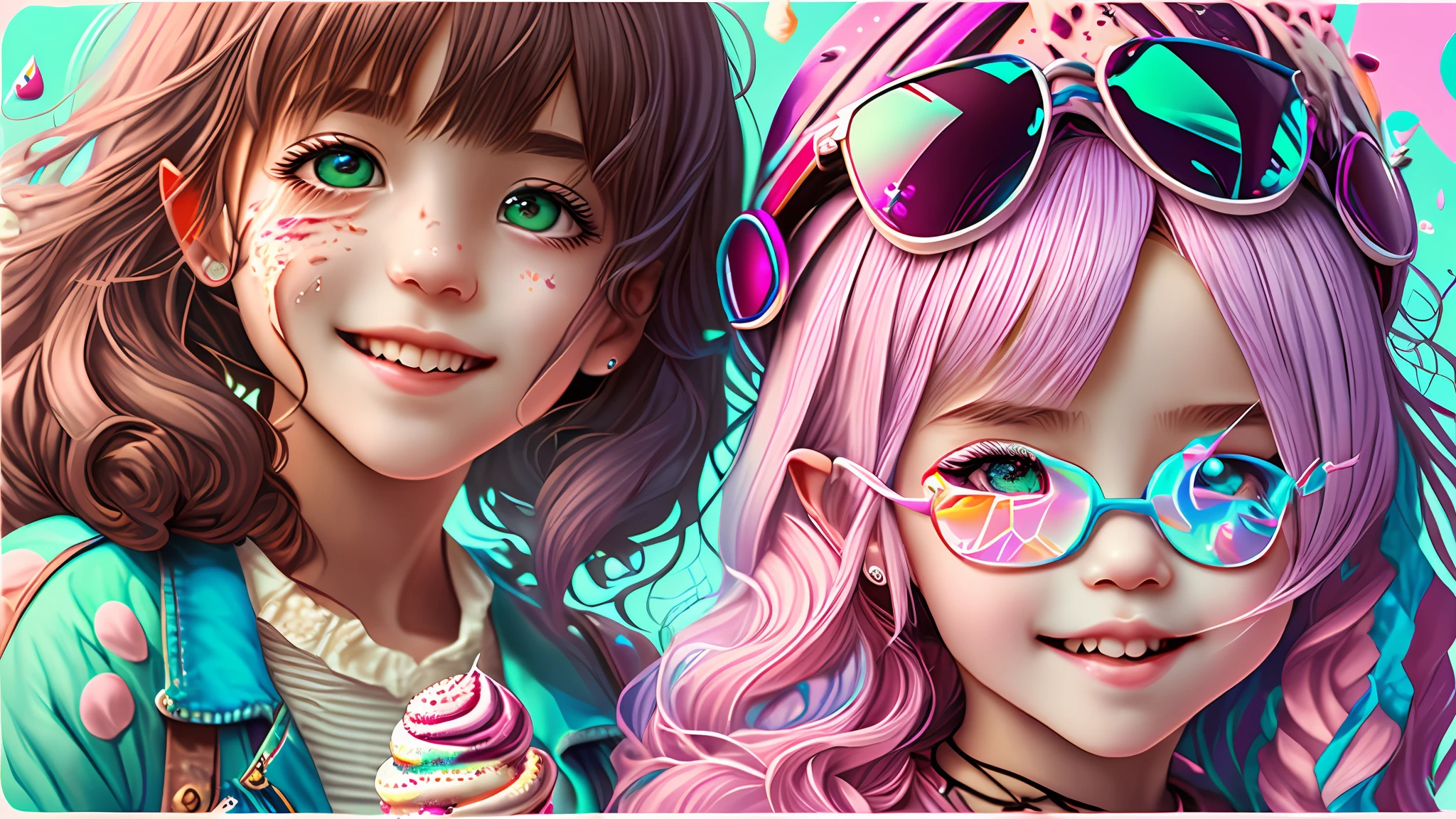 Detailed image of ice cream a girl gen-z looking cool, having fun, on color background,, high details, realistic --auto --s2