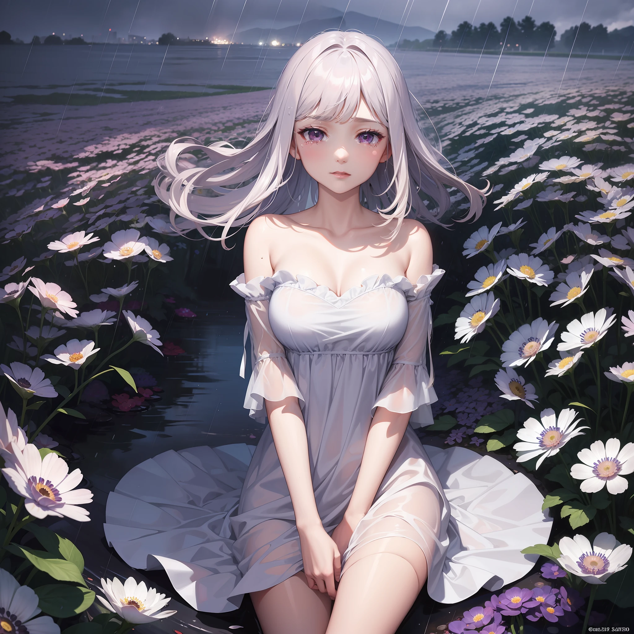 Tears in the anemone flower garden in the night rain、Woman with dark hair