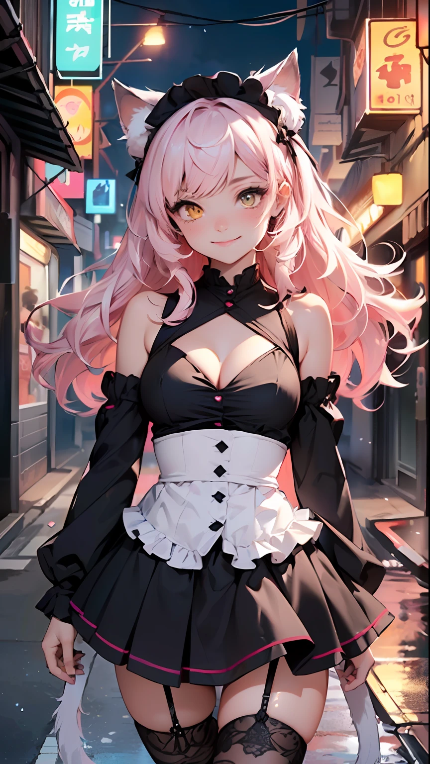 Super cute little maid cat girl,(((1girl))),(((little loli, small tiny body, petite))), (((6 years old))),((anime maid cat girl with extremely cute and beautiful pale pink hair walking seductively down the street)),(((cat girl,anthro furry cute,cat-girl))),(((tail, cat tail,cat ears,thin cat tail,cat ears on head,big cat ears))),


(large breasts:1.4),bountiful breasts, fluffy breasts, H cup bust, bust up, bulging bust top,(((pale pink messy hair:1.35,colored inner hair,messy hair, ear breathing))),((heterochromia, eye1 pink, eye2 yellow, perfect eyes, upturned eyes:1.3, beautiful detailed eyes, finely detailed beautiful eyes:1, big highlight on eyes:1.2, slanted eyes)), ((fat)),(((lustrous skin:1.5,bright skin: 1.5,skin tanned,shiny skin,very shiny skin,shiny body,plastic glitter skin,exaggerated shiny skin))),(spider lower abdomen,narrow waist,wide hip,athletic body,inflated legs,delicate detailed fingers,detailed body,detailed arms,human hands, detailed hands),(((short stature, small))),

cute,slutty,seductive,erotic,(((nsfw))), 

zettai ryouiki,(maid headdress), maid uniform, Headdress, (maid), sleeveless, mini skirt, boots, cleavage cutout, bare legs,clothes with a lot of lace frills,(detailed outfit,detailed clothes),

(dynamic pose:1.0),solo focus,happy,((sweet smile)),,centered,scale to fit dimensions,Rule of thirds,

outdoors, ((night view)), (cyberpunk night street Background: 1.5,dark sky,alleyway,lonely alley,thick clouds, detailed background:1.25),

(best quality), (high resolution), (sharp focus), (ultra detailed), (extremely detailed), (extremely high quality artwork), 8k_wallpaper, (extremely detailed CG 8k),(very fine 8K CG), ((hyper super ultra detailed perfect piece)), flawless, (((masterpiece))), illustration, vibrant colors,  (intricate), High contrast, Selective lighting, Double exposure, HDR (High Dynamic Range), Post-processing, Background blur,