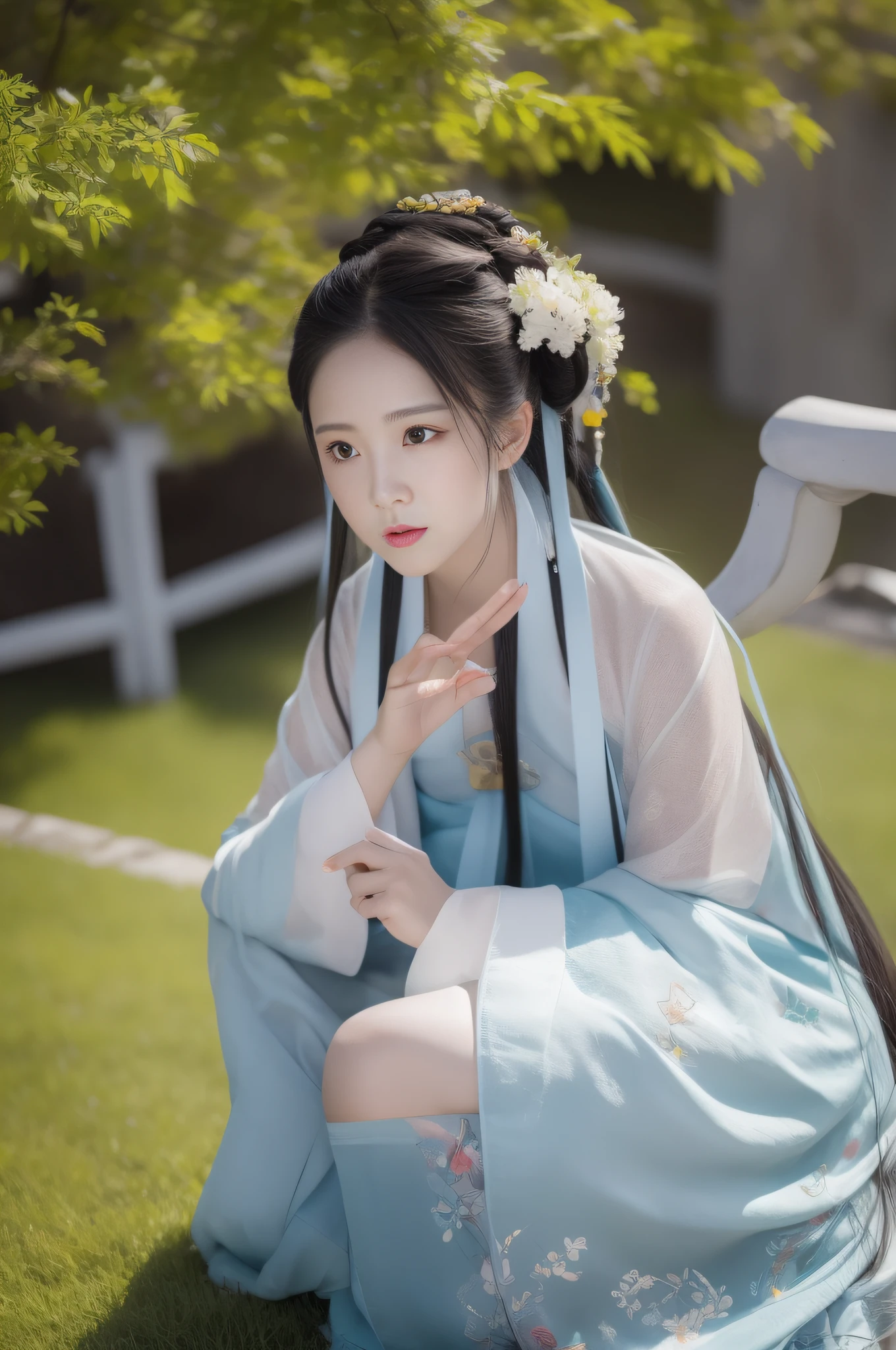 The woman in Changting Hanfu sat and watched the flow of years, Lookout mountain shallow clouds
