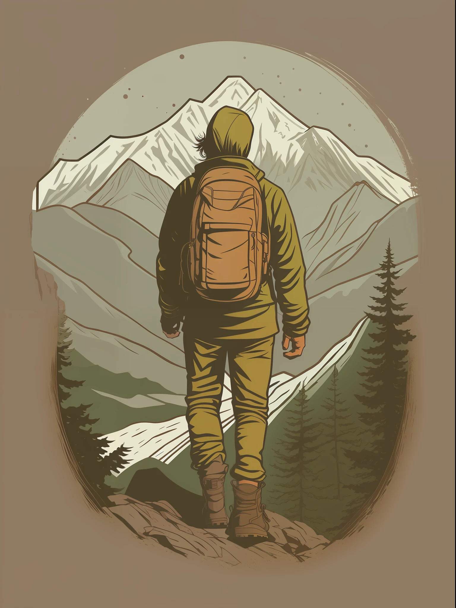 t shirt illustration, streetwear, Style: Minimalist and modern illustration of a lone adventurer trekking up a majestic mountain.Colors: Earthy and serene tones like deep caqui, light brown, and cool gray.Environment: Set the design against a backdrop of snow-capped peaks and tall pine trees.Mood: Adventurous and serene, inspiring the wanderlust for mountain exploration. detail,very detailed, 4k,