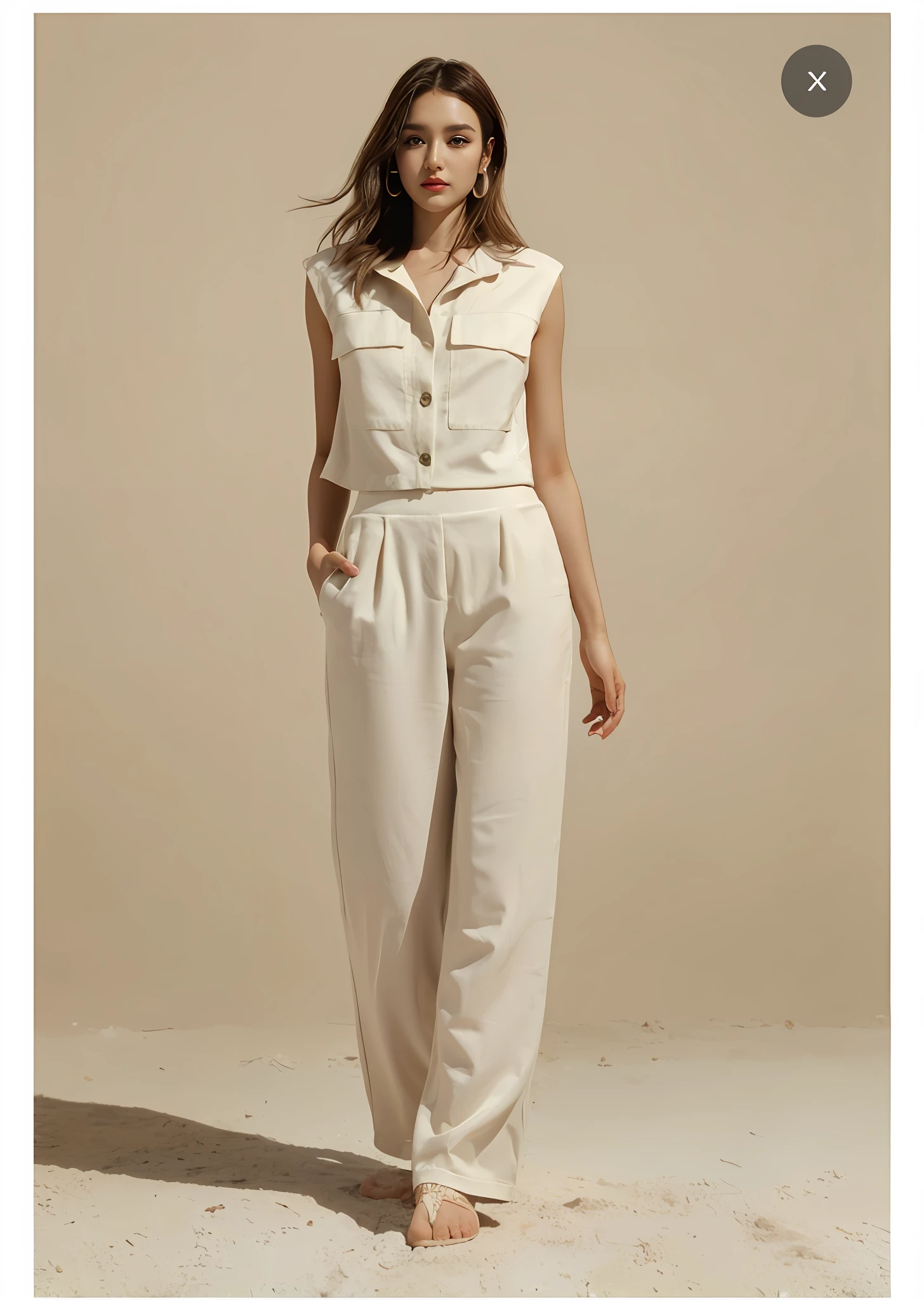 a woman in a white jumpsuit standing on a sandy surface, catsuit, linho, white pant, energetic varia suit, terno varia, fino, inspiration, branco elegante, Camisa cropped com jaqueta, full-length view, large pants, Pants, roupas brancas, olhar, Olivia, Visual suave, imagem central, centro, amber, com cintura fina, Lena Oxton