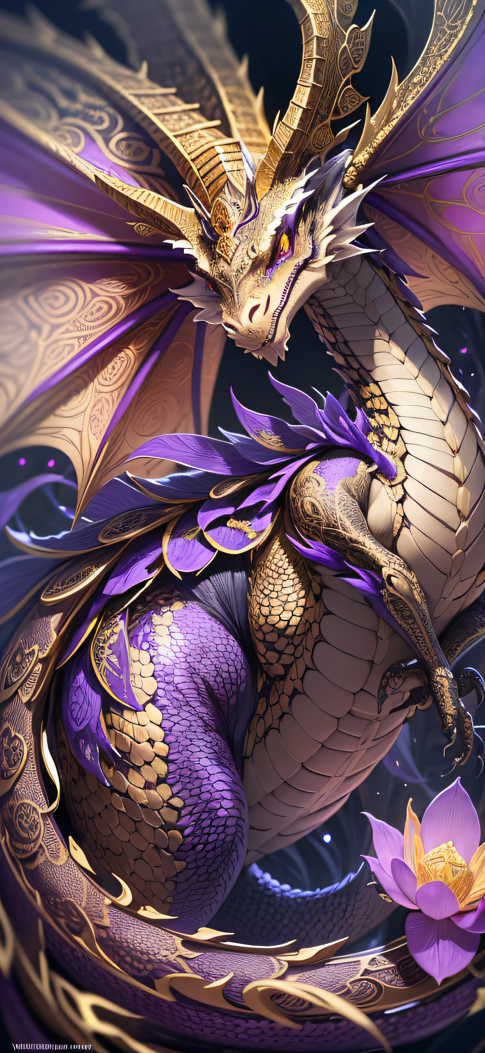 (best quality) dragon, ultra-detailed, intricate linework, highly detailed illustration, perfect composition, beautiful and stunning, dynamic angle, high contrast, incredible shading, incredible detail, unique style, gold and purple details, gold glitters, lotus flowers (dark and mystical atmosphere), intricate and detailed nature elements.