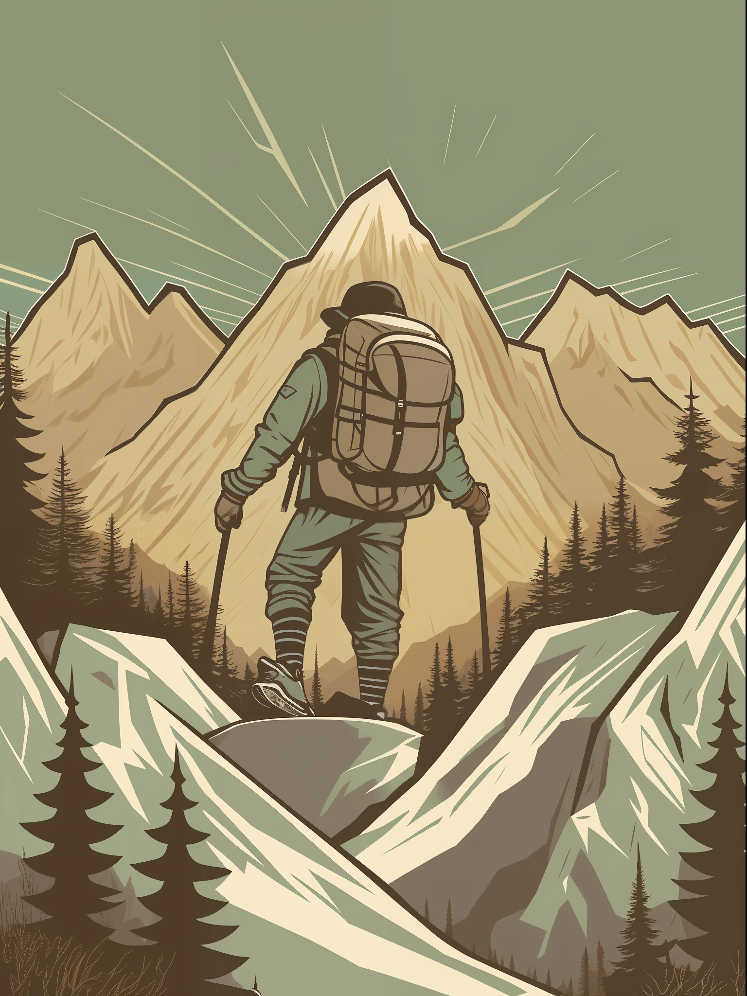 t shirt illustration, streetwear, Style: Minimalist and modern illustration of a lone adventurer trekking up a majestic mountain.Colors: Earthy and serene tones like deep caqui, light brown, and cool gray.Environment: Set the design against a backdrop of snow-capped peaks and tall pine trees.Mood: Adventurous and serene, inspiring the wanderlust for mountain exploration. detail,very detailed, 4k,