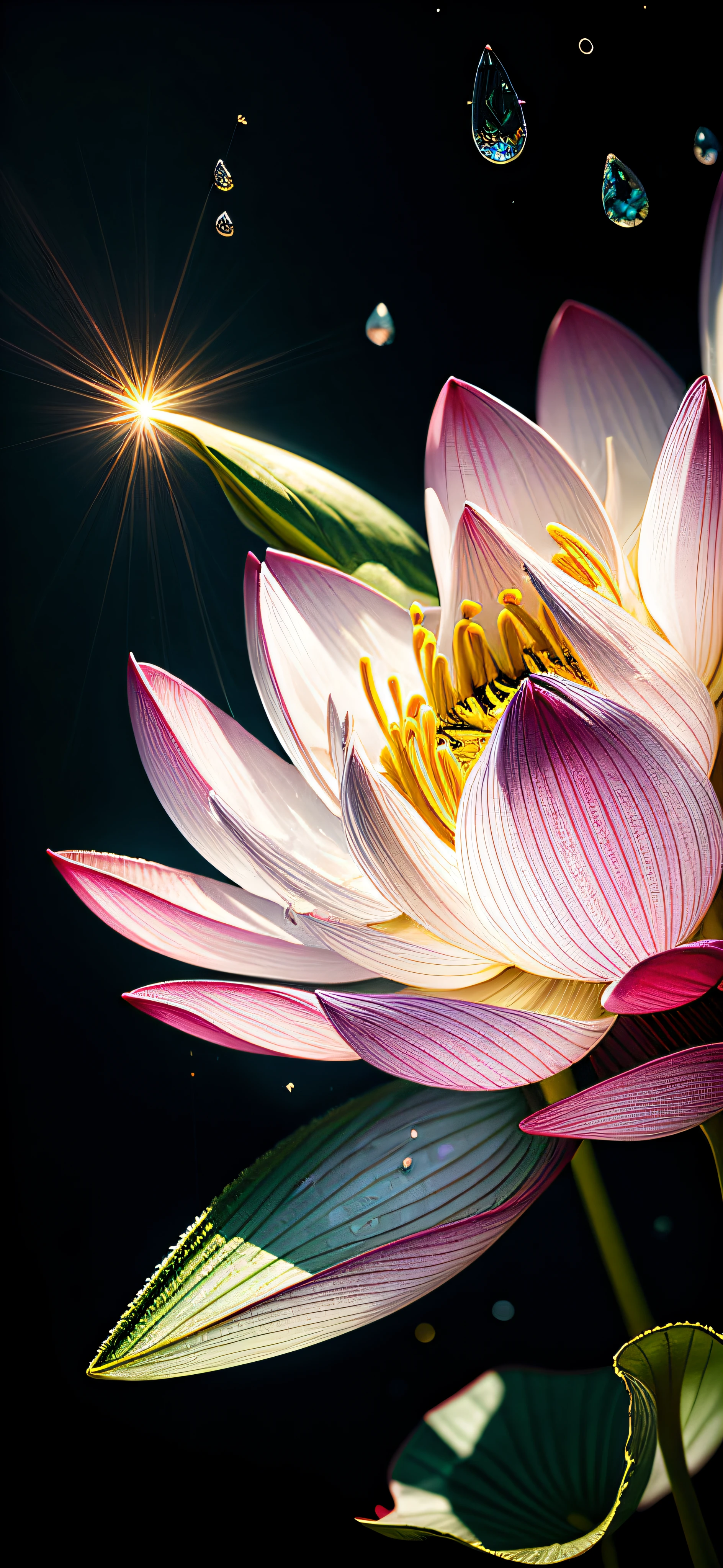 a lotus flower of delicate color, super transparent, holy light, beautiful spectral light, petals glow, flashing, fantasy background, drops of transparent light, reflective light, bright, light streaming in, optics, portrait profile, sharp focus, magical, intricate, ultra realistic, fantasy, composition, light, trend on artstation, pearl, patronus cloud of silvery vapor, corrosive enveloping ray family, 8k, ureal ar 23v4 uplight