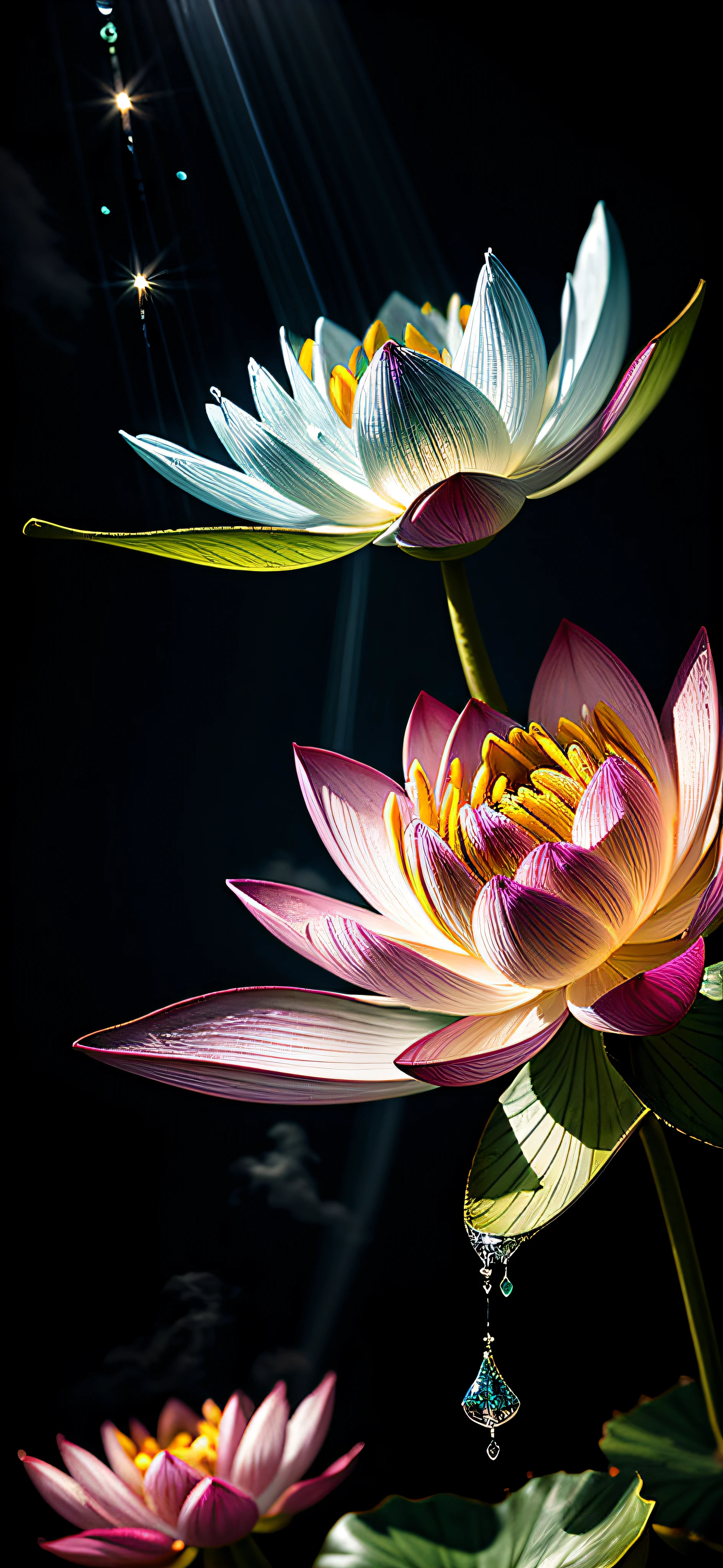 a lotus flower of delicate color, super transparent, holy light, beautiful spectral light, petals glow, flashing, fantasy background, drops of transparent light, reflective light, bright, light streaming in, optics, portrait profile, sharp focus, magical, intricate, ultra realistic, fantasy, composition, light, trend on artstation, pearl, patronus cloud of silvery vapor, corrosive enveloping ray family, 8k, ureal ar 23v4 uplight