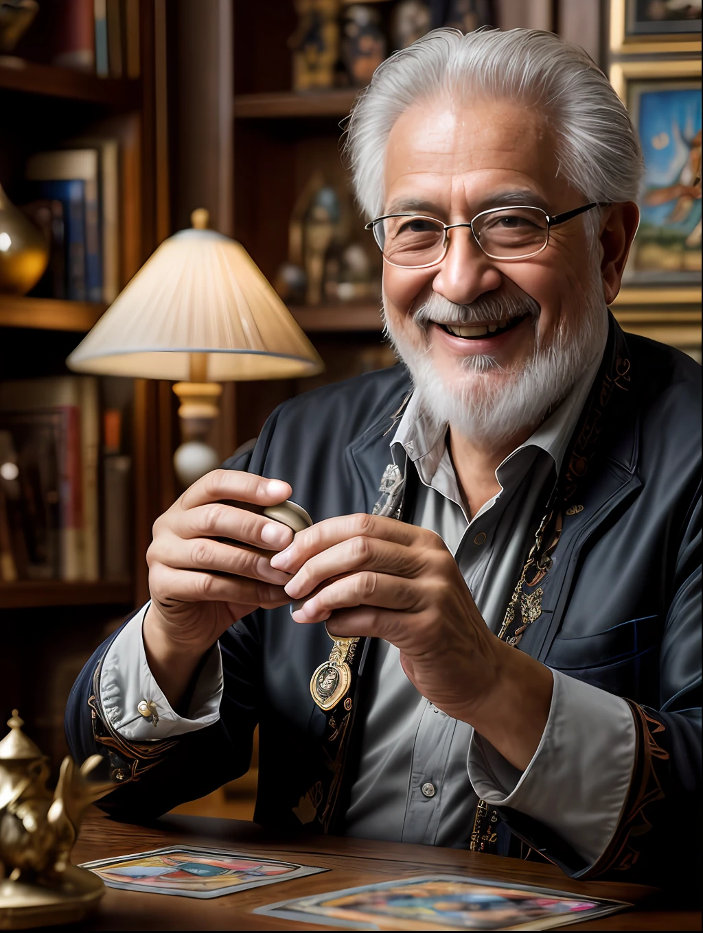 (masterpiece, high resolution, photorealistic: 1.4), (A mystic and magical charming old Tarot reader man, smiling, in a beautiful room full of Tarot themes objects:1.3). lots of cards on the table. (Sony Alpha a7R IV camera expertly accustomed at capturing this captivating moment: 1.2), (combined with a versatile Sony FE 24-70mm f/2.8 GM lens, ensuring every detail is captured beautifully: 1.2)