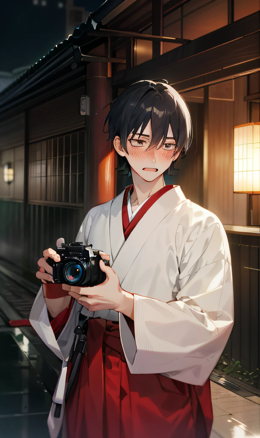 RAW photo, a portrait photo of 25 y.o japanese man in clothes, night tokyo, (high detailed skin:1.2), 8k uhd, dslr, soft lighting, high quality, film grain, Fujifilm XT3, embarassed, flustered, blushing