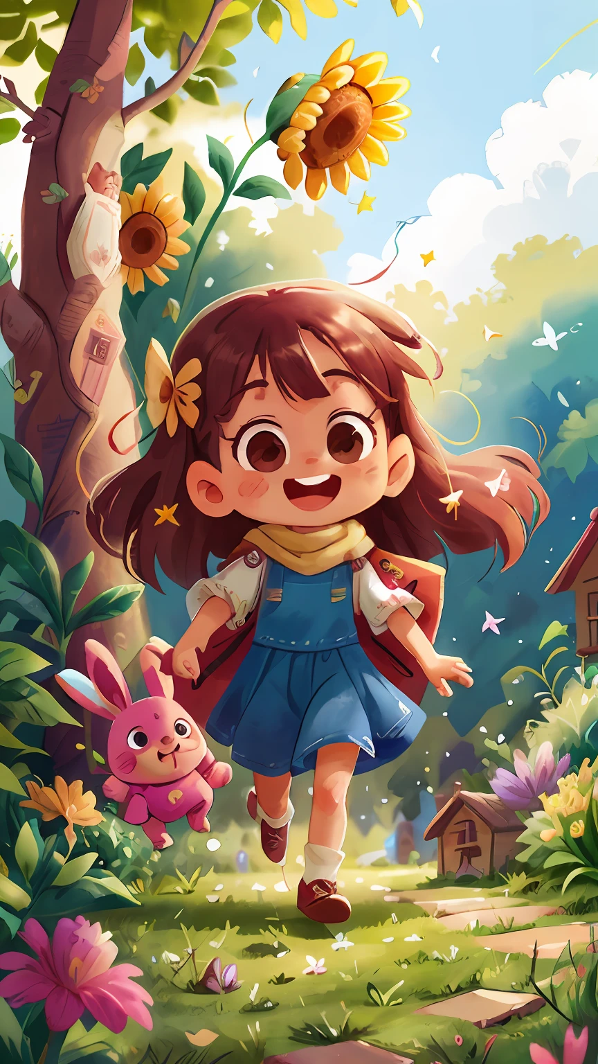 Watercolour. Girl in hijab, smiling, very cheerful, running, with magic rabbit , front view, full body, the background is a beautiful and cozy house in the countryside, garden with flowers, sunny, perfect quality, (mess-house: 0.8), (masterpiece: 1.2) (Realistic: 1.2) (Bokeh) (Best quality) (Detailed Skin: 1.3) (Intricate Details) (8K) (Detail Eyes) (Sharp Focus), (Happy)