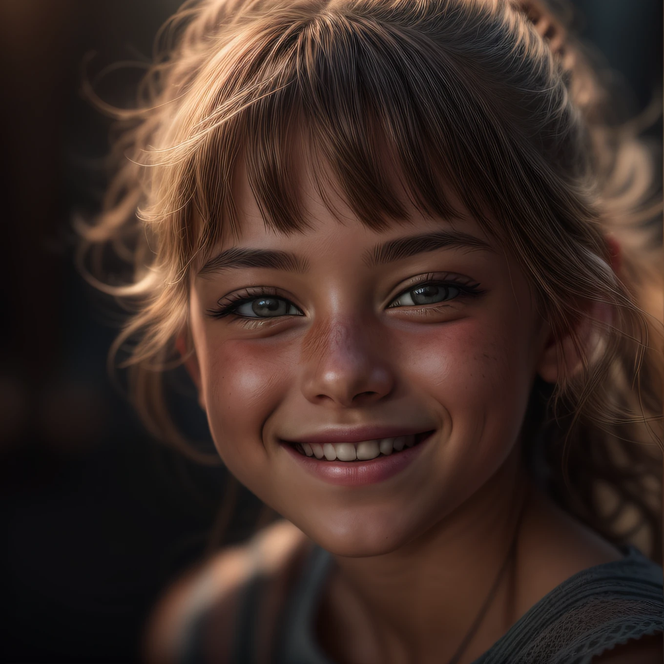 An extremely closeup of a girl's face, smiling, with a grainy texture of 0.8, and highly detailed features. The shot was taken in the afternoon, creating a warm and natural atmosphere with photorealistic lighting. The girl stands solo in the frame, emanating confidence and charm. Photo taken by a renowned photographer with an Award Winning Photography style, using Canon EOS R5, Studio lighting, and Volumetric lighting. 8K, Ultra-HD, Super-Resolution