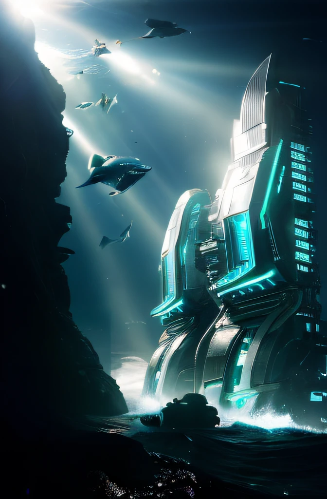 ((masterpiece, best quality)), 8k, modern architectural style, photographrealistic, hyperedetailed photo, Deep in the sea, Ruined city, with light glowing,cyber punk perssonage,
